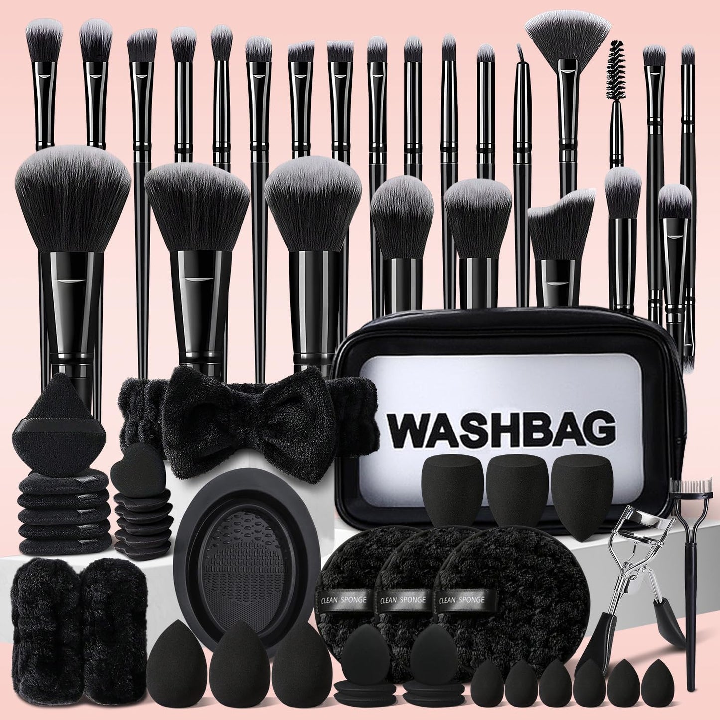 25Pcs Makeup Brush Set Includes Makeup Brushes, Washbag, Triangle Puffs, Finger Puffs, Cleaning Sponge, Makeup Sponges, Cleaning Tool, other Eye Makeup Tools