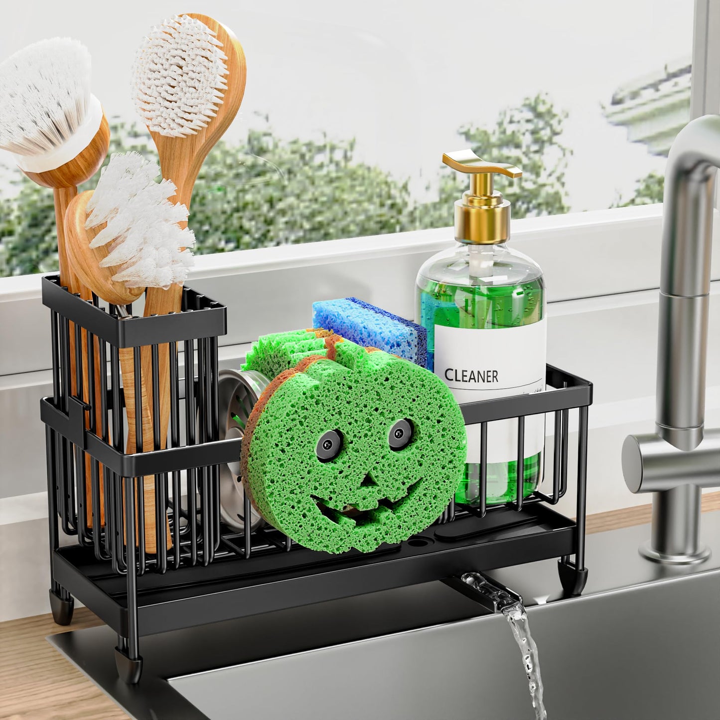 Cisily Sponge Holder for Kitchen Sink, Sink Caddy Organizer with High Brush Holder, Kitchen Countertop Organizers and Storage Essentials, Rustproof 304 Stainless Steel