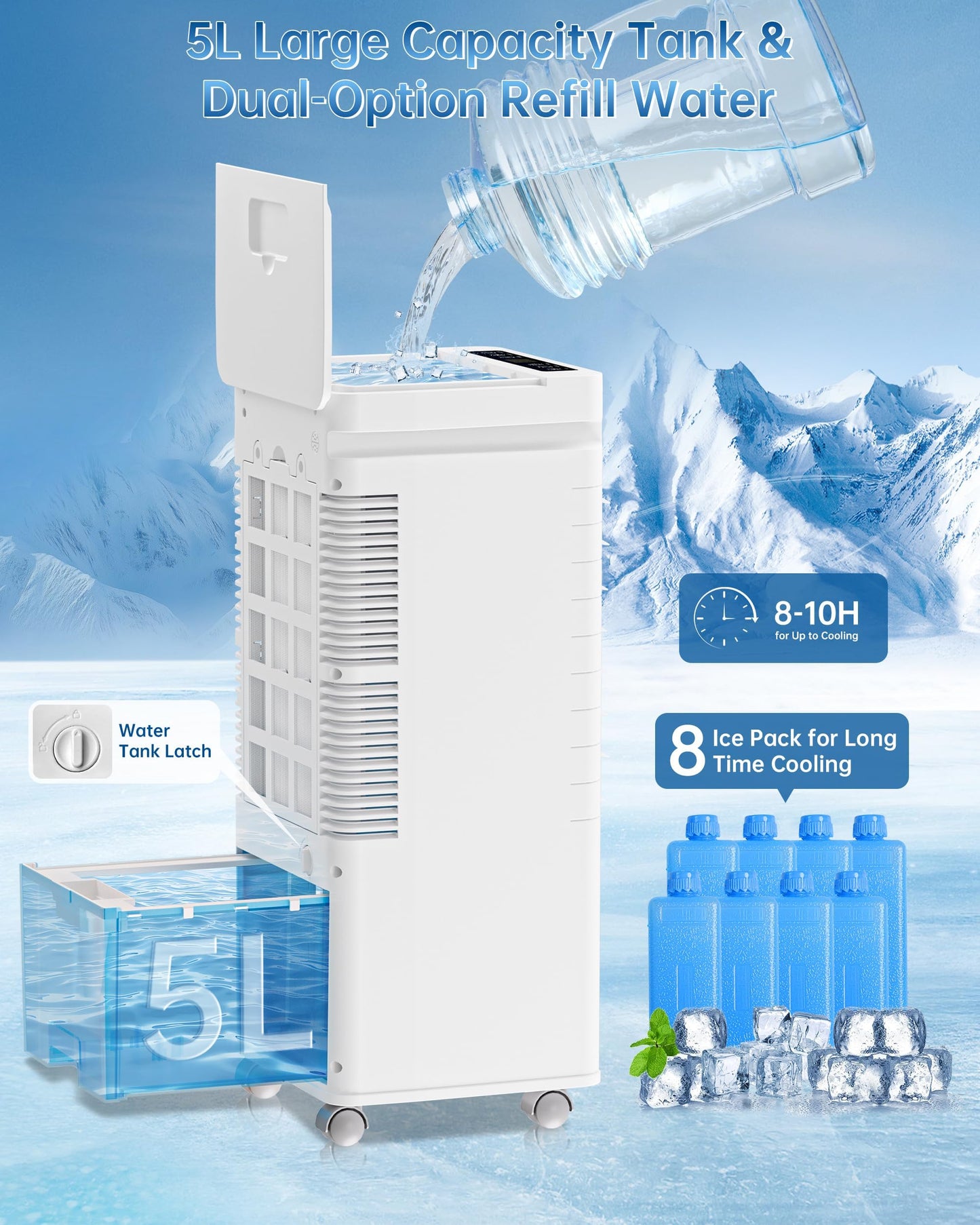 Portable Air Conditioners, Swamp Cooler Portable AC Unit for Room, Windowless Cooling Fan That Blow Cold Air w/Remote 5L Tank 12 Speeds 9H Timer, Evaporative Air Cooler for Bedroom Garage