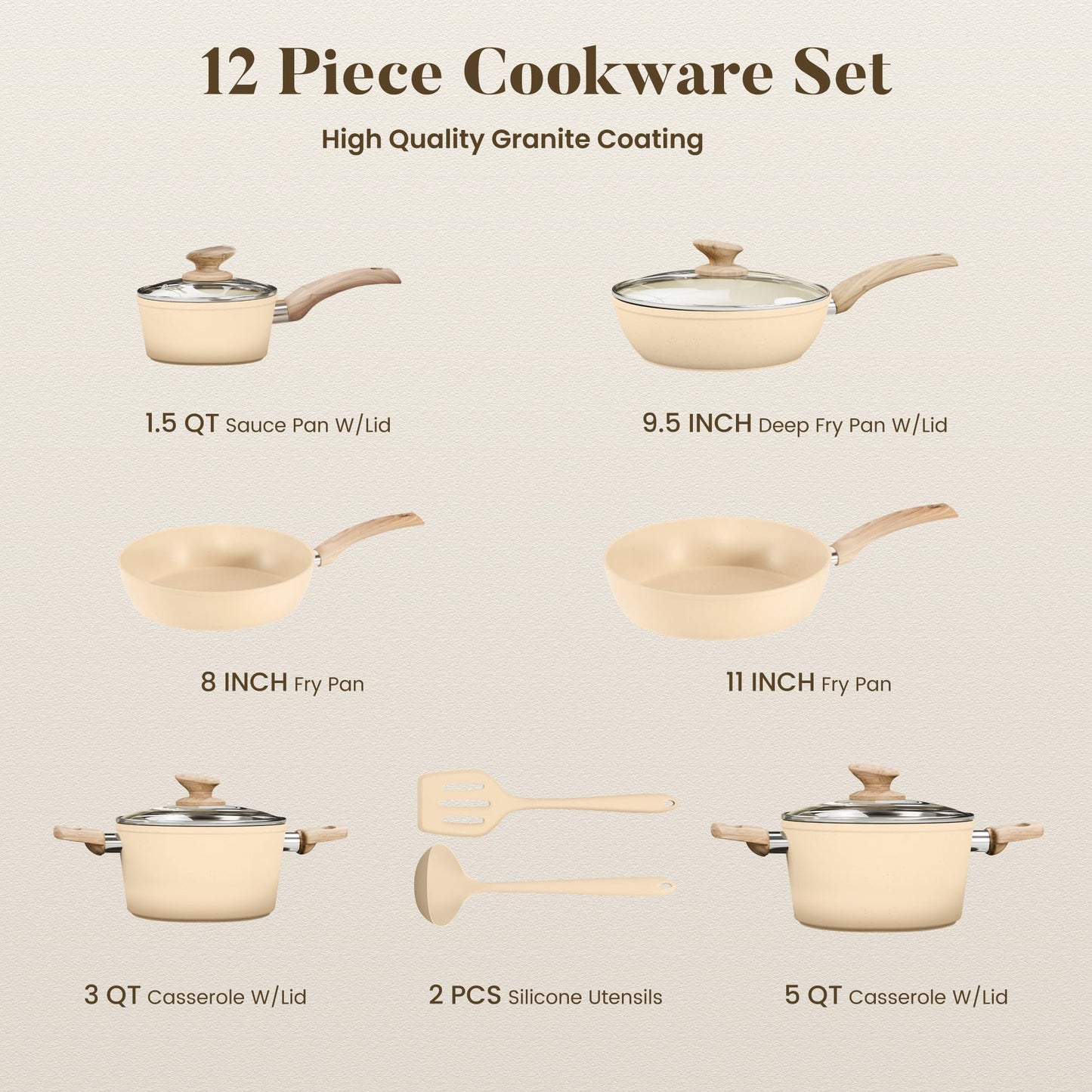 Induction Kitchen Cookware Sets - 12 Piece Cooking Pan Nonstick Set, Granite Black Pots and Pans Set