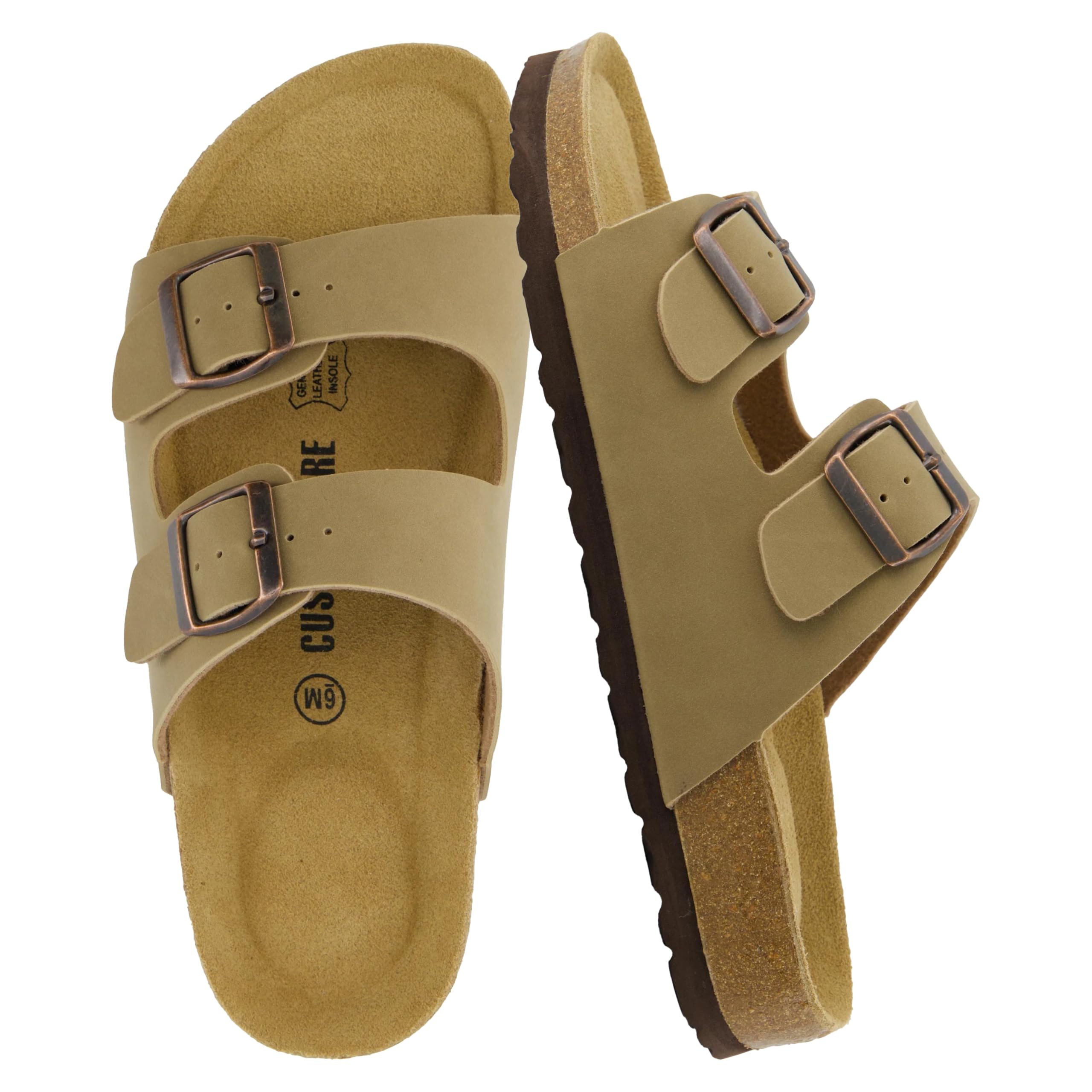 CUSHIONAIRE Lane Cork Footbed Sandals for Women – Comfortable Double Buckle Slip-On with Genuine Suede Footbed & Arch Support Slides for Women Footwear