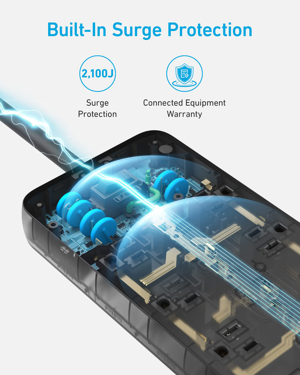 Surge Protector Power Strip (2100J)，Anker 12 Outlets with 1 USB C and 2 USB Ports ，for iPhone 15/15 Plus/15 Pro/15 Pro Max, Extension Cord, Flat Plug, 20W Charging.