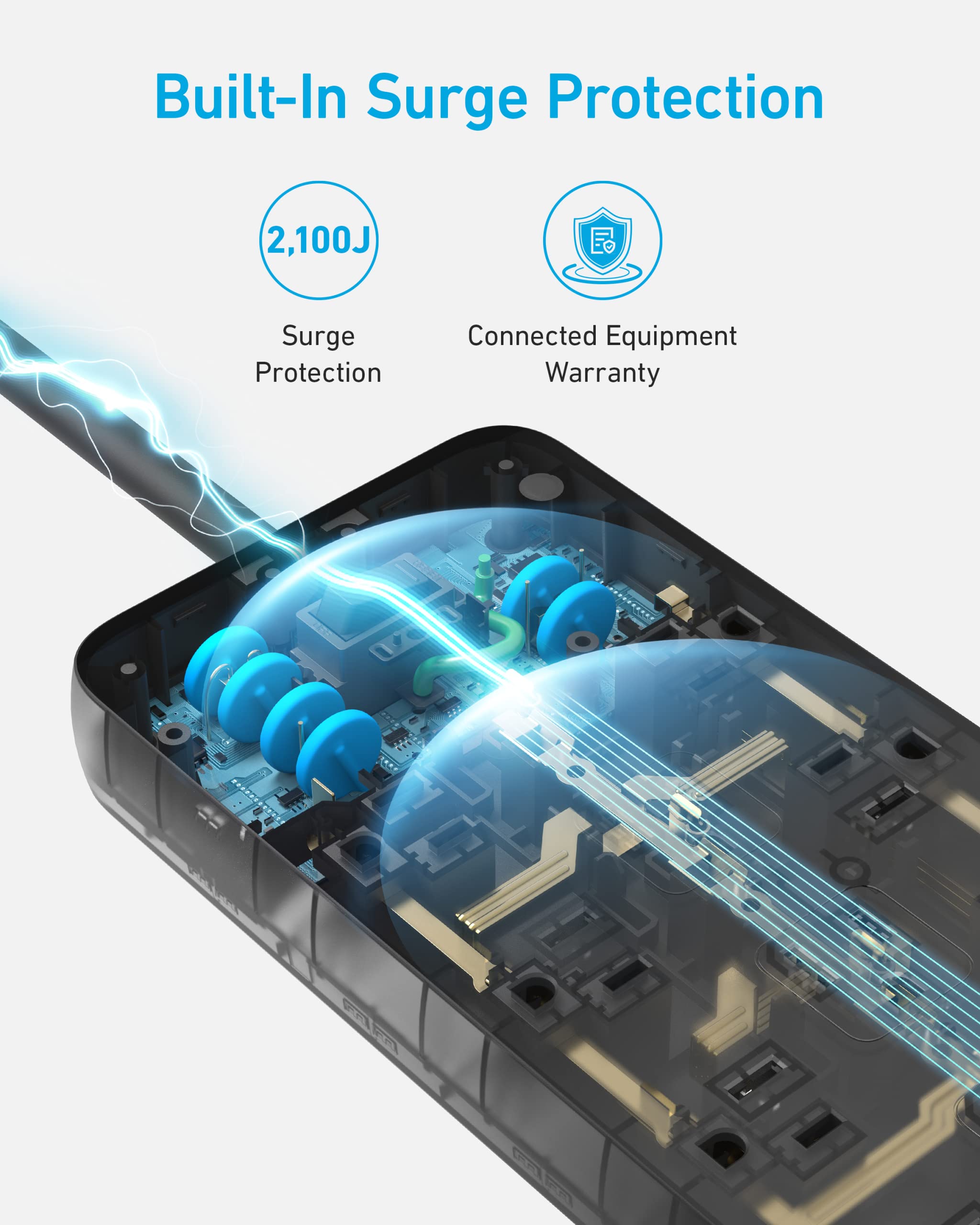 Surge Protector Power Strip (2100J)，Anker 12 Outlets with 1 USB C and 2 USB Ports ，for iPhone 15/15 Plus/15 Pro/15 Pro Max, Extension Cord, Flat Plug, 20W Charging.