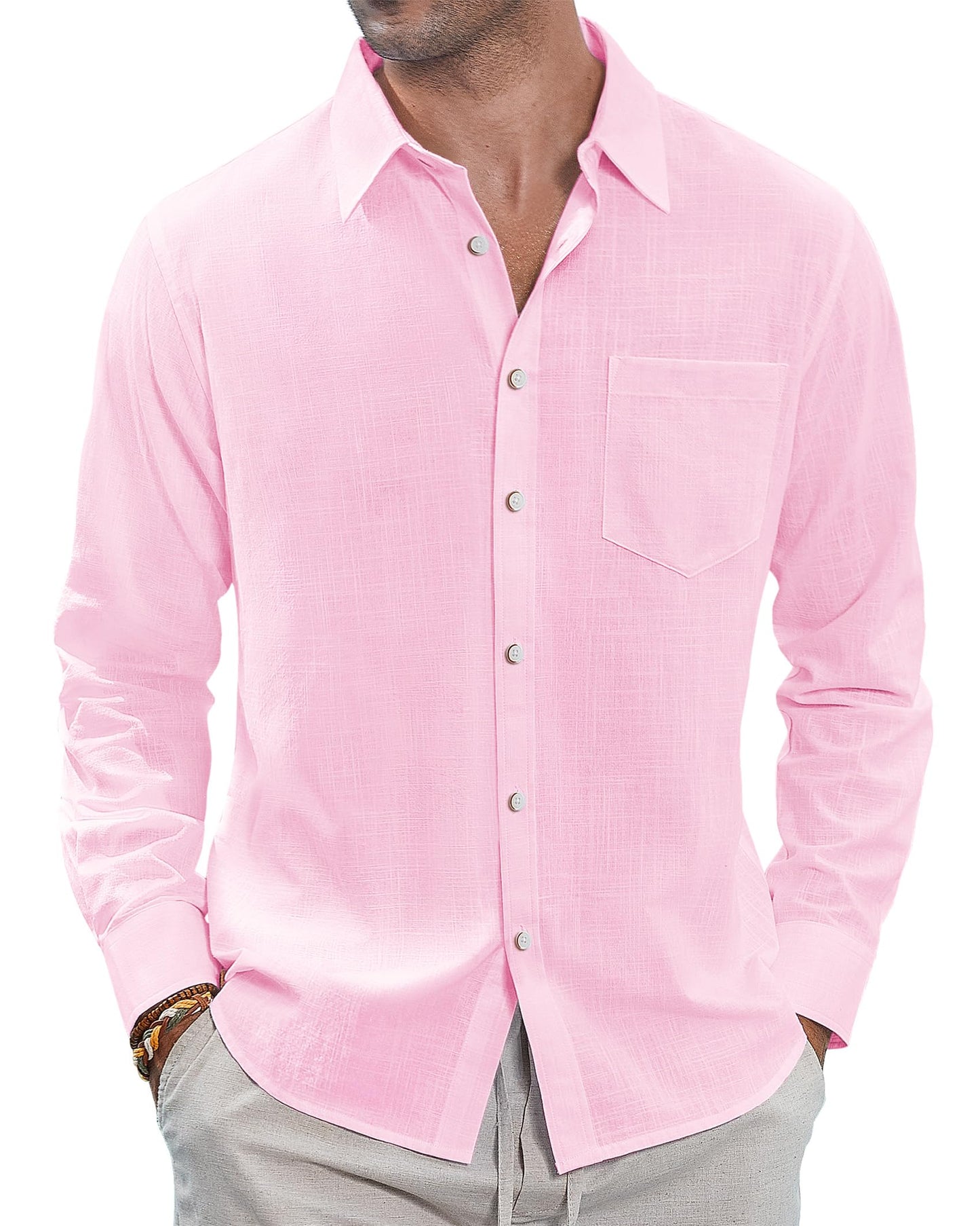J.VER Men's Linen Shirts Casual Button Down Long Sleeve Shirt Solid Spread Collar Summer Beach Shirts with Pocket