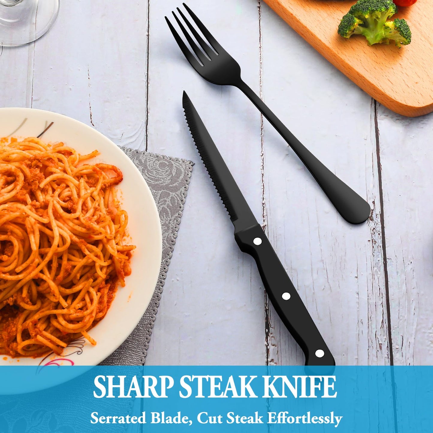 24 Pc Silverware Set with Steak Knives, Stainless Steel Flatware, Mirror Polished Cutlery, Dishwasher Safe