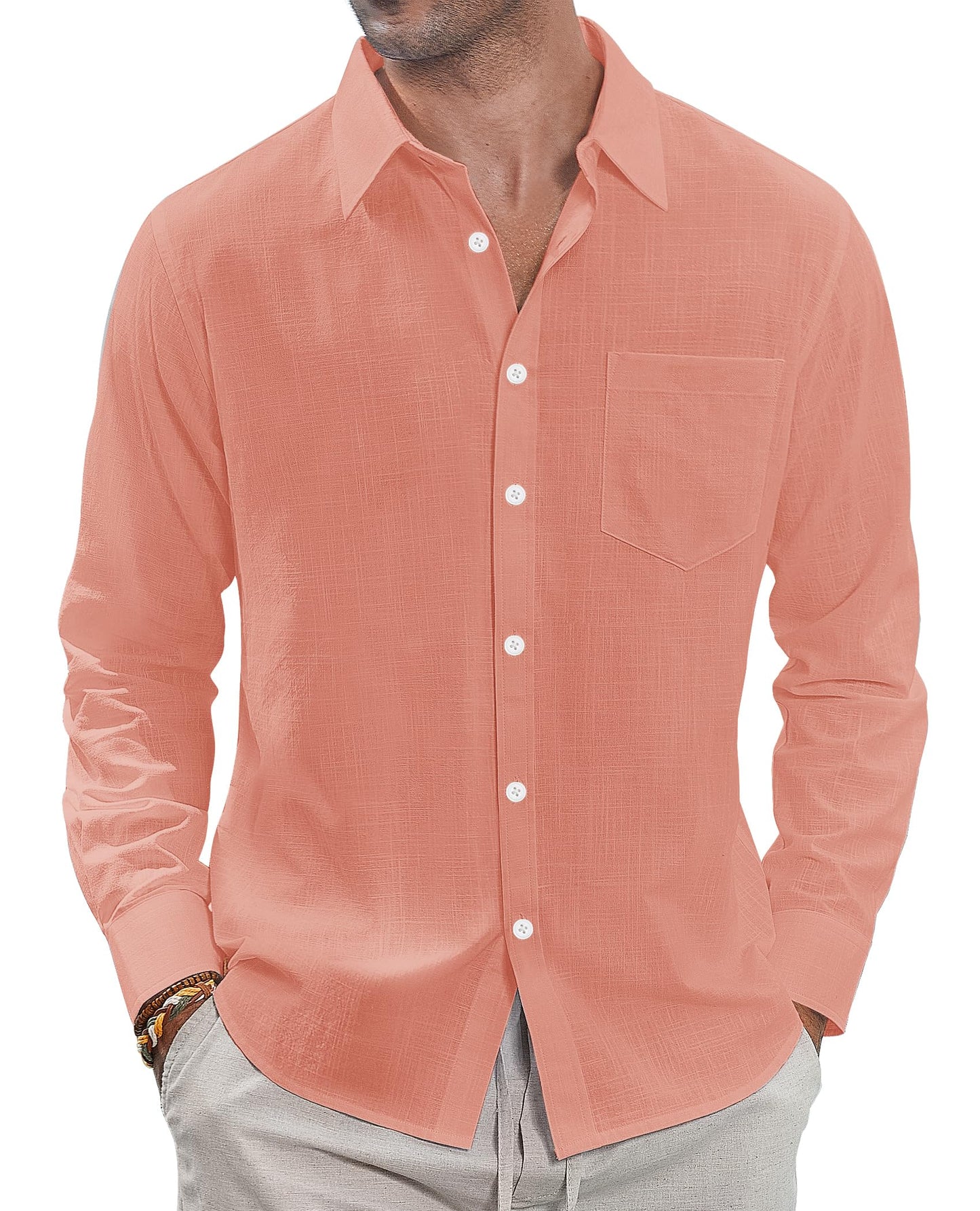 J.VER Men's Linen Shirts Casual Button Down Long Sleeve Shirt Solid Spread Collar Summer Beach Shirts with Pocket