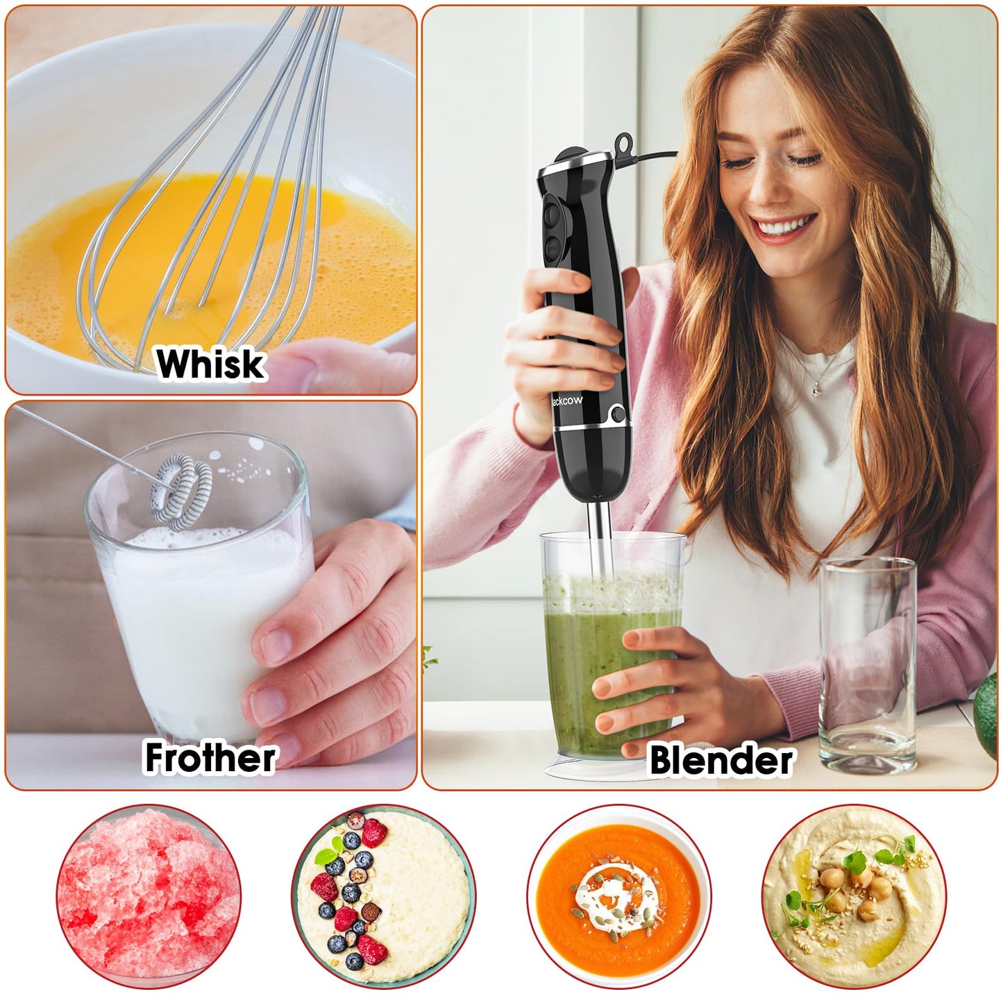 Blackcow Immersion Blender Handheld, Powerful Electric Hand Blender with Titanium Alloy Blades, Variety Speeds & Turbo, Electric Hand Mixer for Smoothies, Soups, Baby Food and Purees