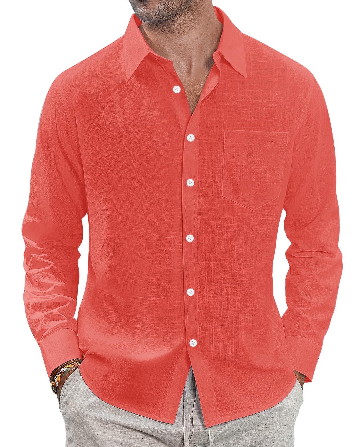 J.VER Men's Linen Shirts Casual Button Down Long Sleeve Shirt Solid Spread Collar Summer Beach Shirts with Pocket