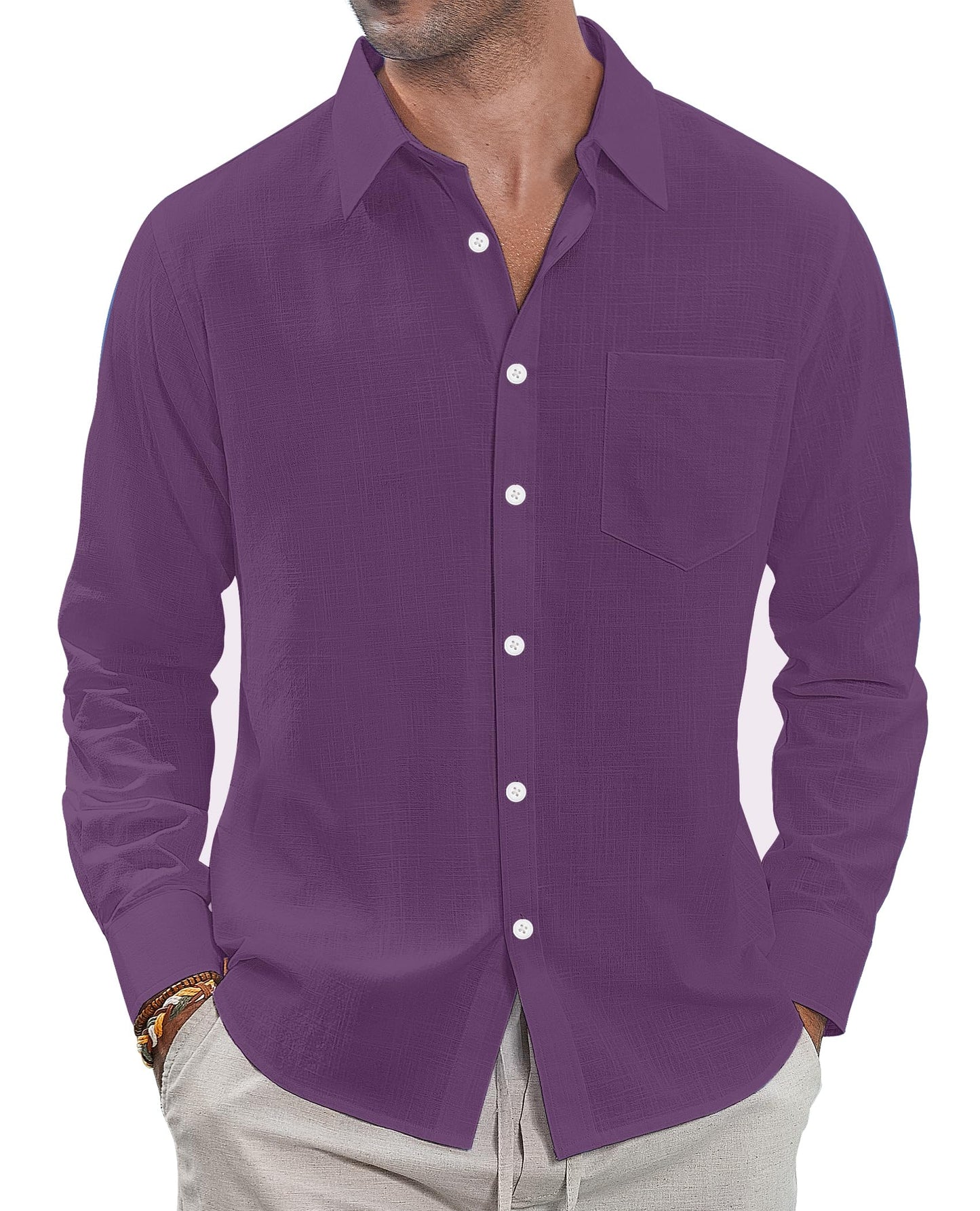 J.VER Men's Linen Shirts Casual Button Down Long Sleeve Shirt Solid Spread Collar Summer Beach Shirts with Pocket