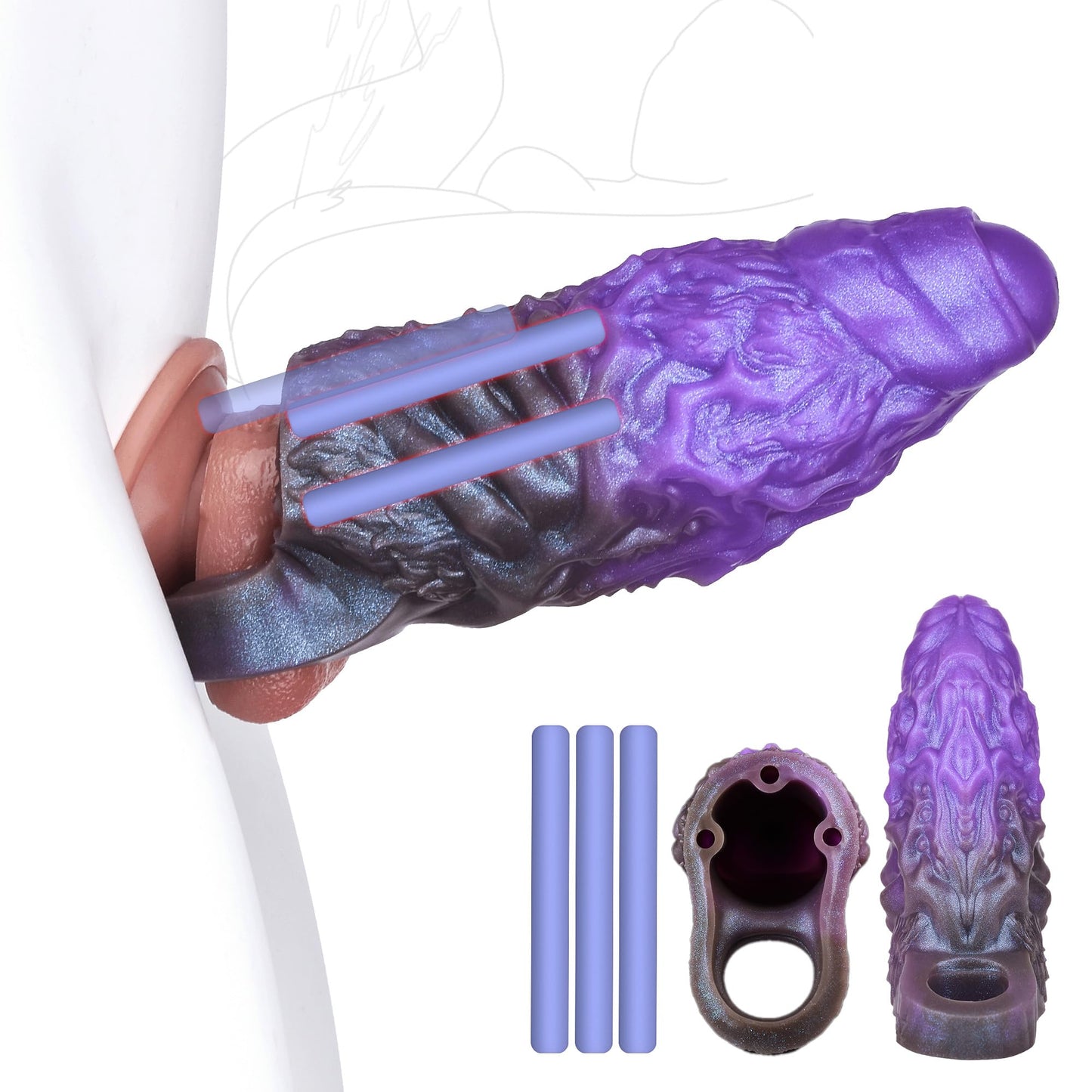Girth Enhancer Sleeve, Monster Penis Sleeve with Cock Ring & 3 Built-in Resin Rod, Purple Silicone Pennis Extender Enlarger, Impotence Delay Ejaculation Dick Extension Sex Toys for Men Couples