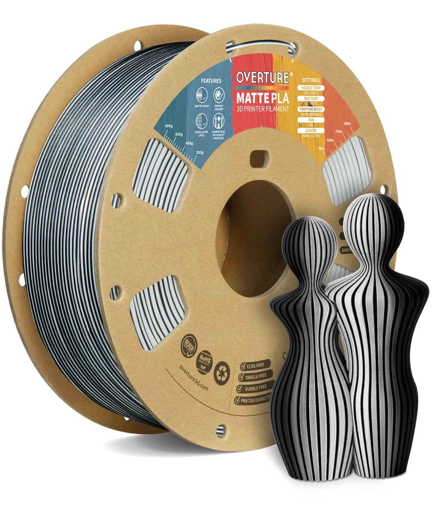 OVERTURE Matte PLA 3D Printer Filament 1.75mm, Matt Surface & Low Warping Filament 1kg Spool (2.2 lbs), Accuracy +/- 0.02 mm, Fit Most FDM Printers