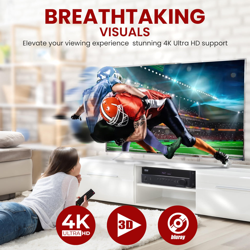 Pyle 5.2 Channel Hi-Fi Home Theater Receiver - 1000W MAX Wireless BT Surround Sound Stereo Amplifier System with 4k Ultra HD Support, MP3/USB/DAC, Ideal for Immersive Home Audio Experience