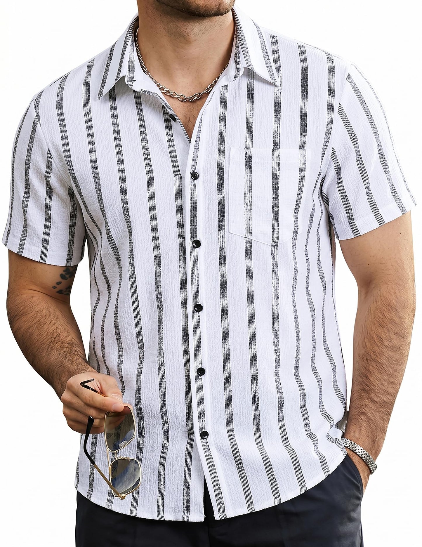 VATPAVE Mens Summer Striped Shirts Button Down Short Sleeve Vintage Beach Hawaiian Shirts with Pocket