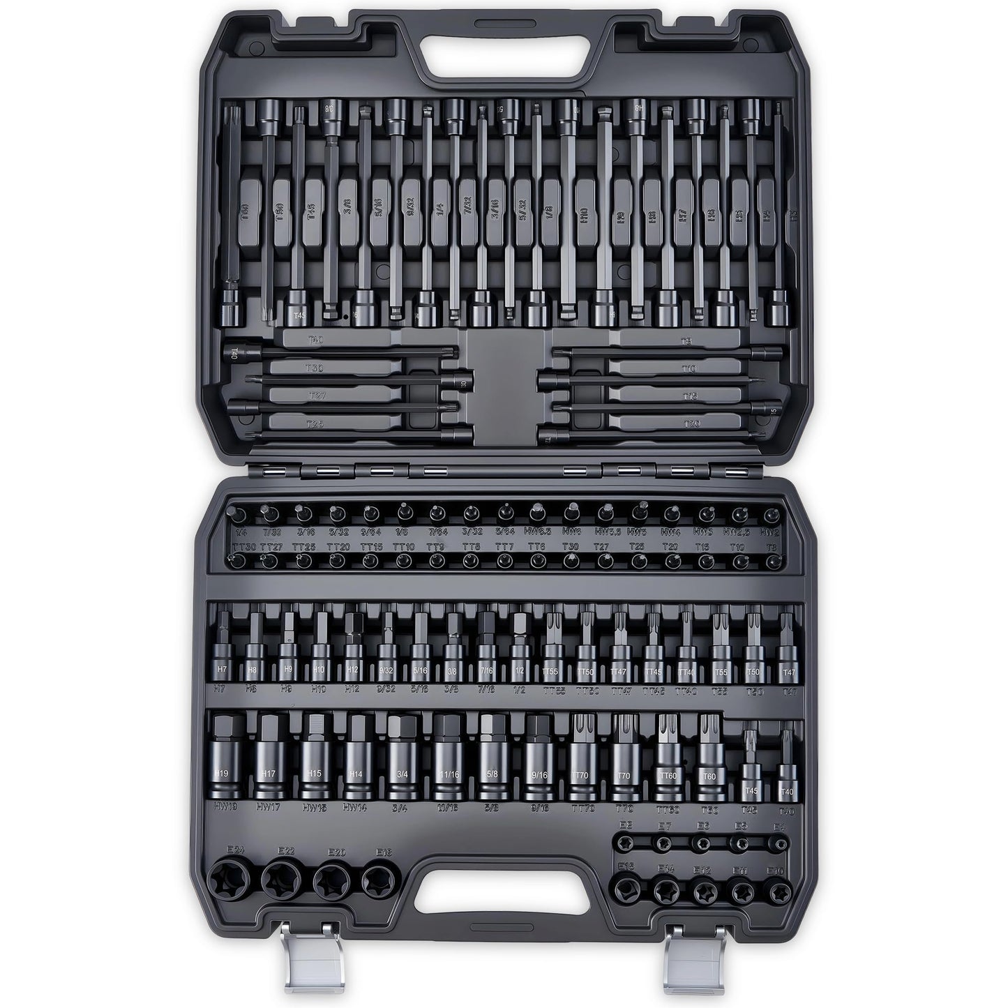 107-Piece Master Torx & Allen Bit Socket Set, S2 Steel, 1/4" 3/8" 1/2" Drive, Long Torx, Ball End Hex, Tamper-Resistant Star, E-Star Sockets, SAE & Metric