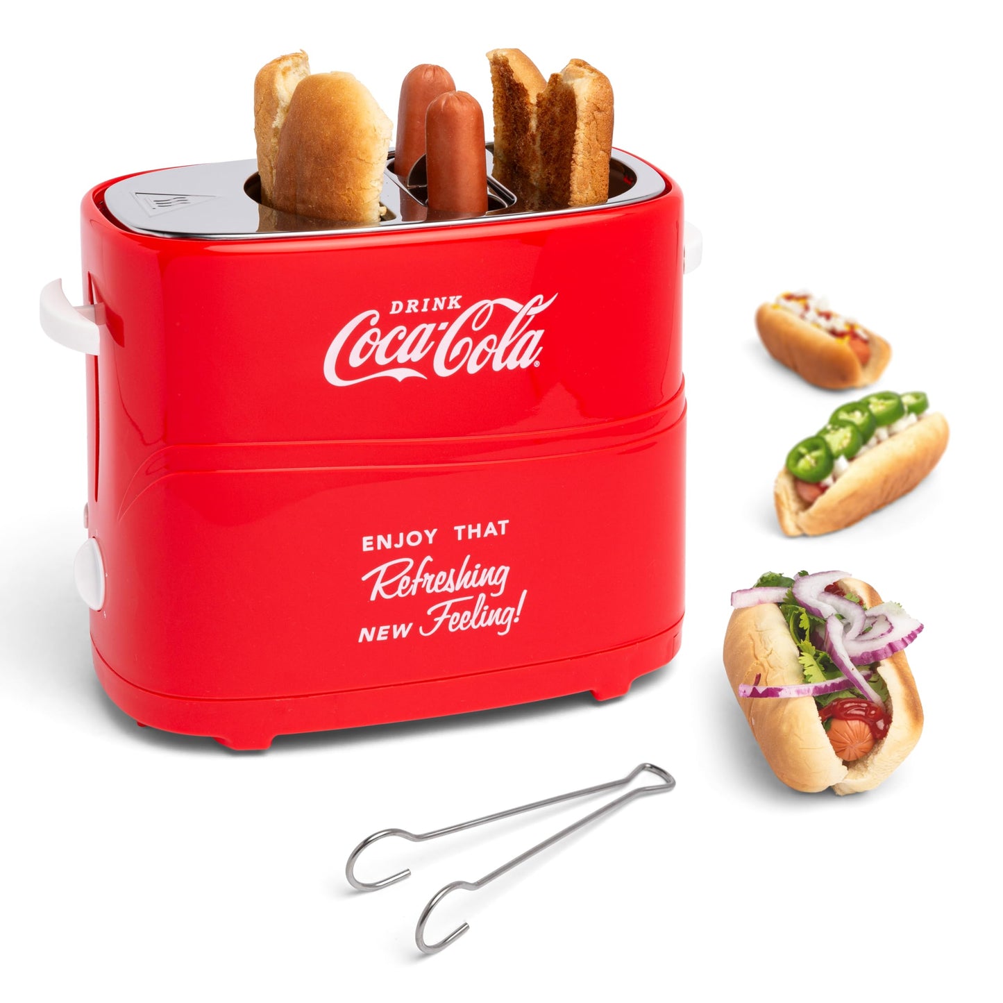 Nostalgia 2 Slot Hot Dog and Bun Toaster with Mini Tongs, Retro Toaster, Cooker that Works Chicken, Turkey, Veggie Links, Sausages Brats, Metallic Red