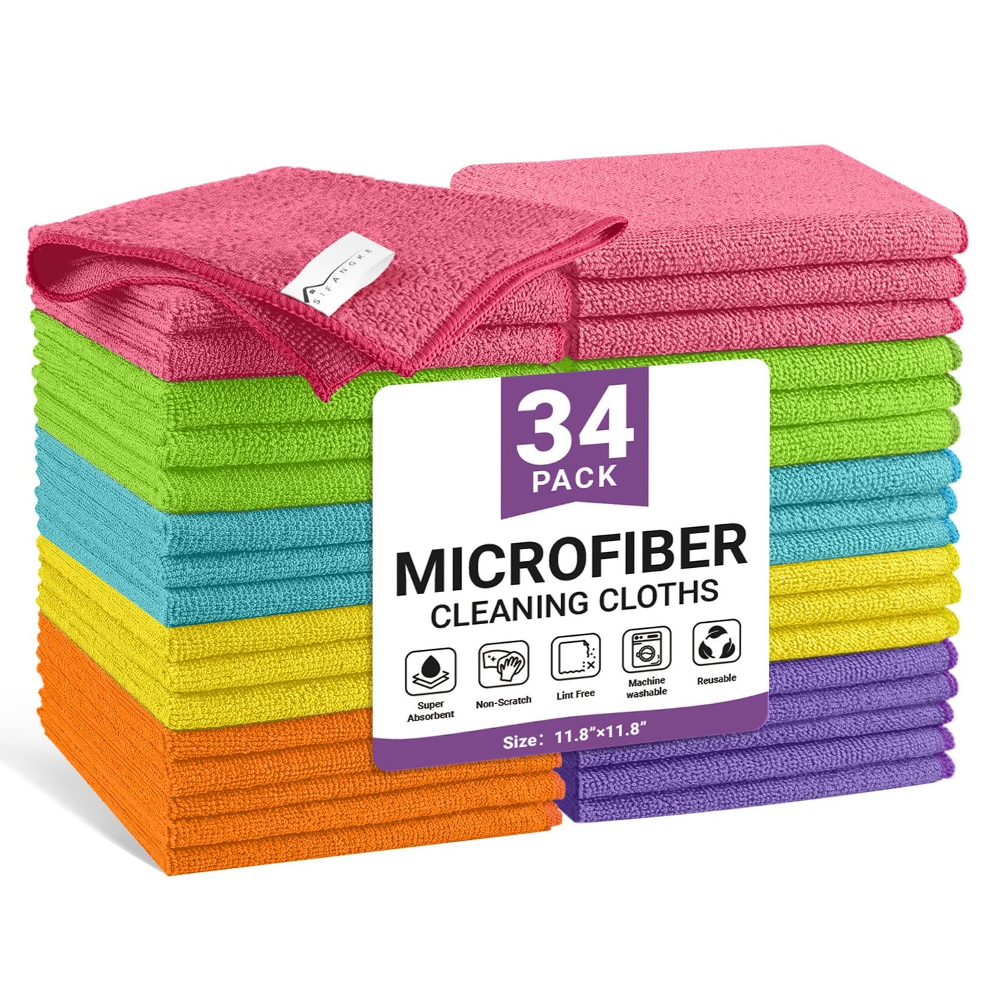 SIFANGKE Microfiber Cleaning Cloth, Lint-Free and Highly Absorbent Rags, Reusable Microfiber Towels for Car, Kitchen, Bathroom and Household Cleaning Supplies, 11.8"X11.8"