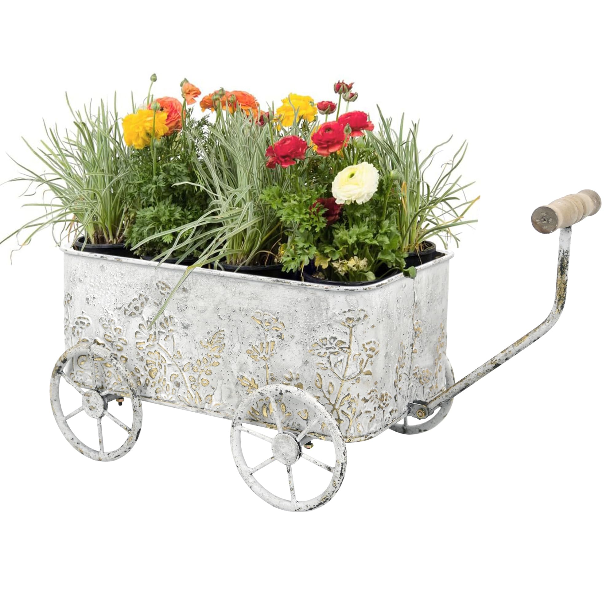 Zokyntrix Flower Cart with Wooden Handles, Metal Wagon Planters for Outdoor Plants, Garden Planter with Wagon Wheels, Decorative Wheelbarrow, Plant Cart for Patio Garden Balcony