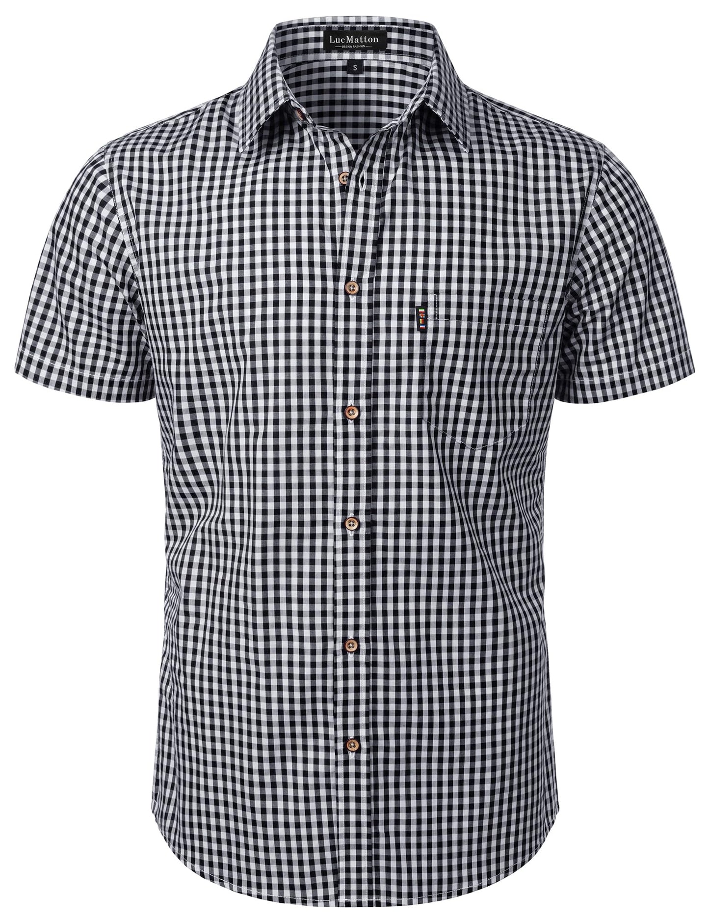 LucMatton Men's Gingham Short Sleeve Button Down Shirt Cotton Regular Fit Plaid Dress Shirts with Pocket