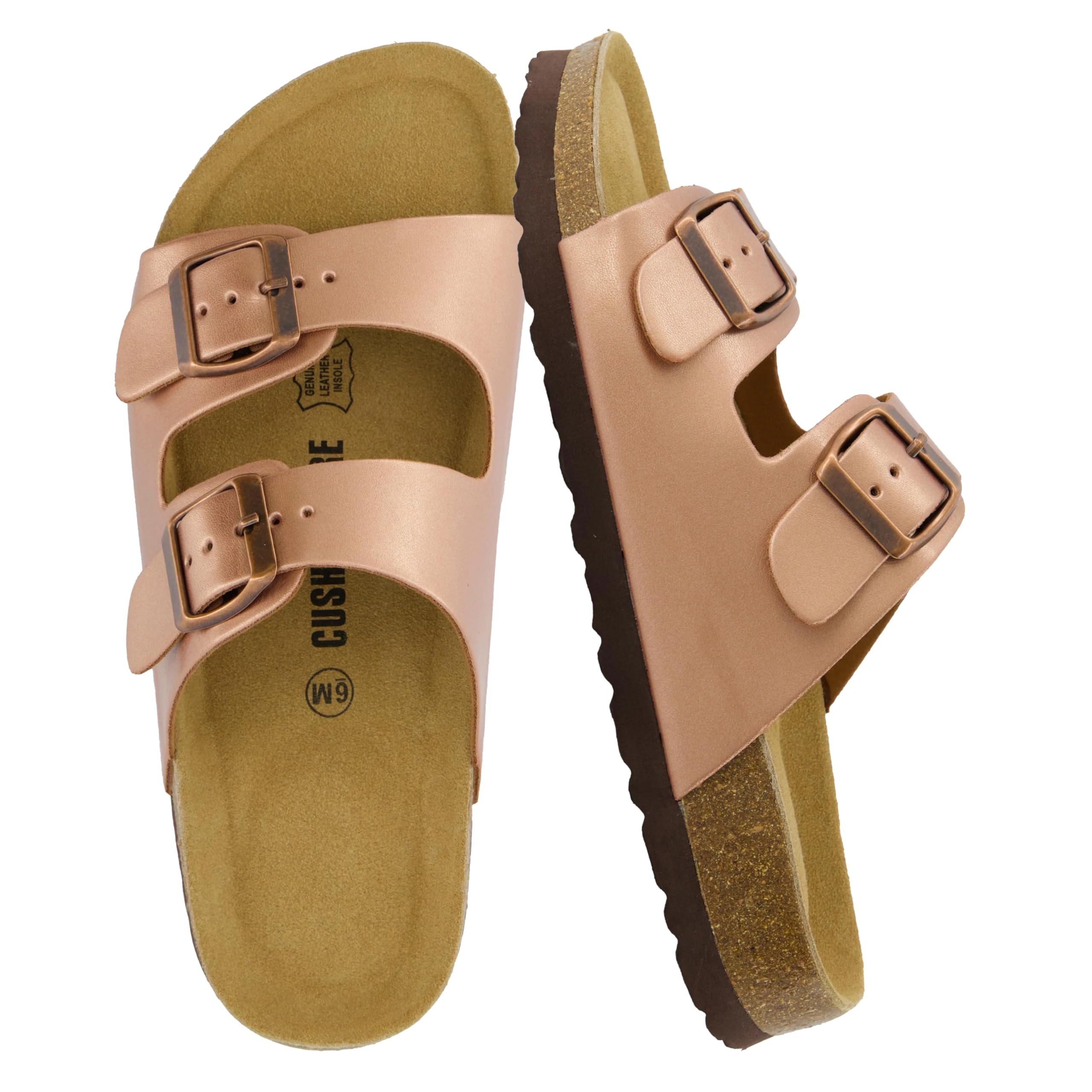 CUSHIONAIRE Lane Cork Footbed Sandals for Women – Comfortable Double Buckle Slip-On with Genuine Suede Footbed & Arch Support Slides for Women Footwear