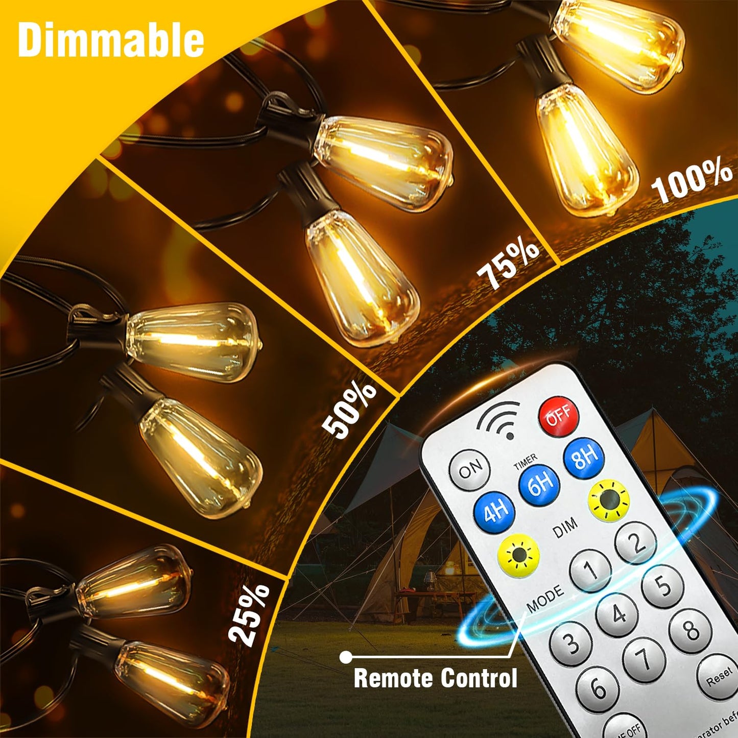Skoiuc Solar String Lights Outdoor Waterproof with Remote & Timer, LED Shatterproof ST38 Bulbs, USB & Solar Powered Patio Lights for Backyard, Porch, Garden, Wedding, Christmas Decor