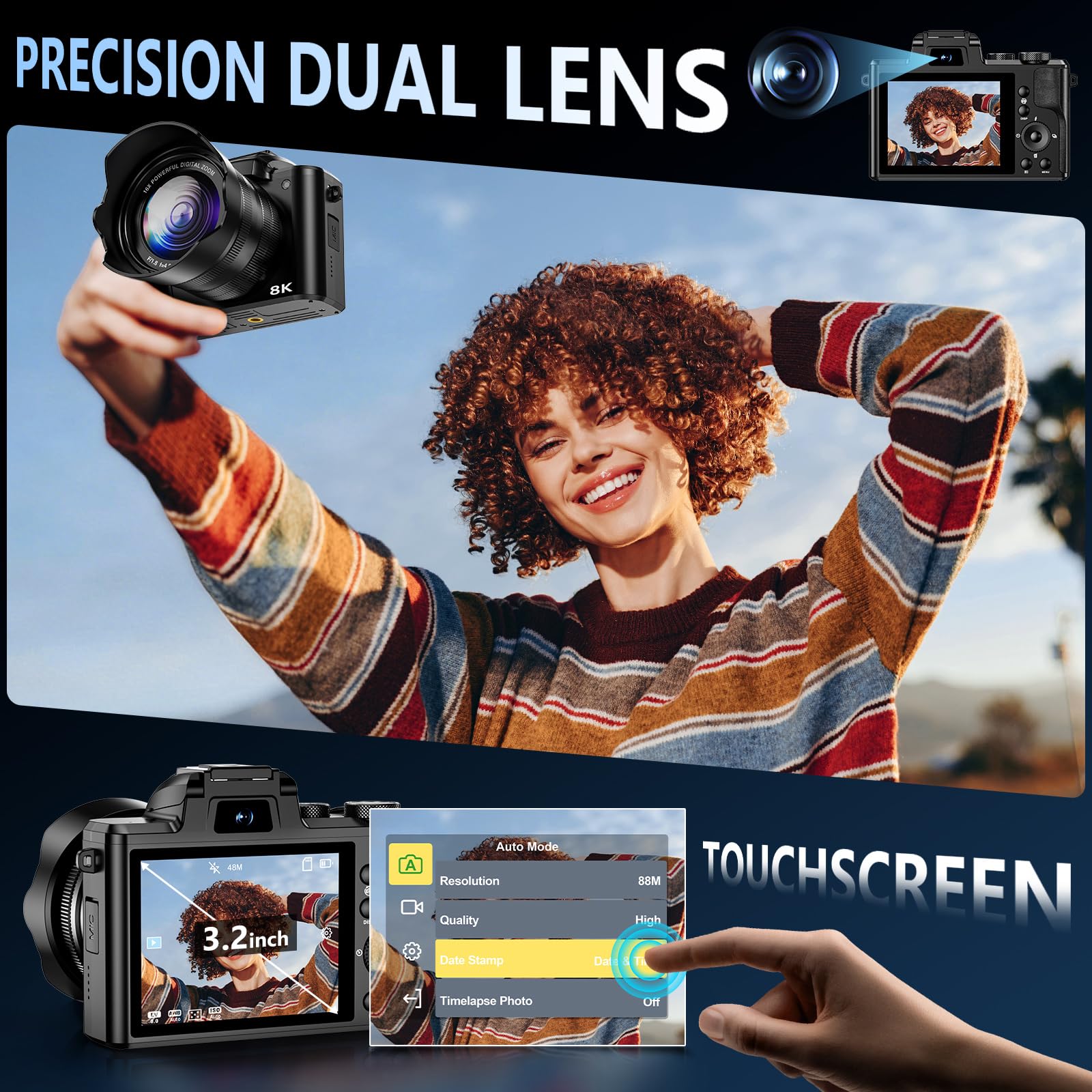 8K Digital Camera, 88MP WiFi Cameras for Photography
