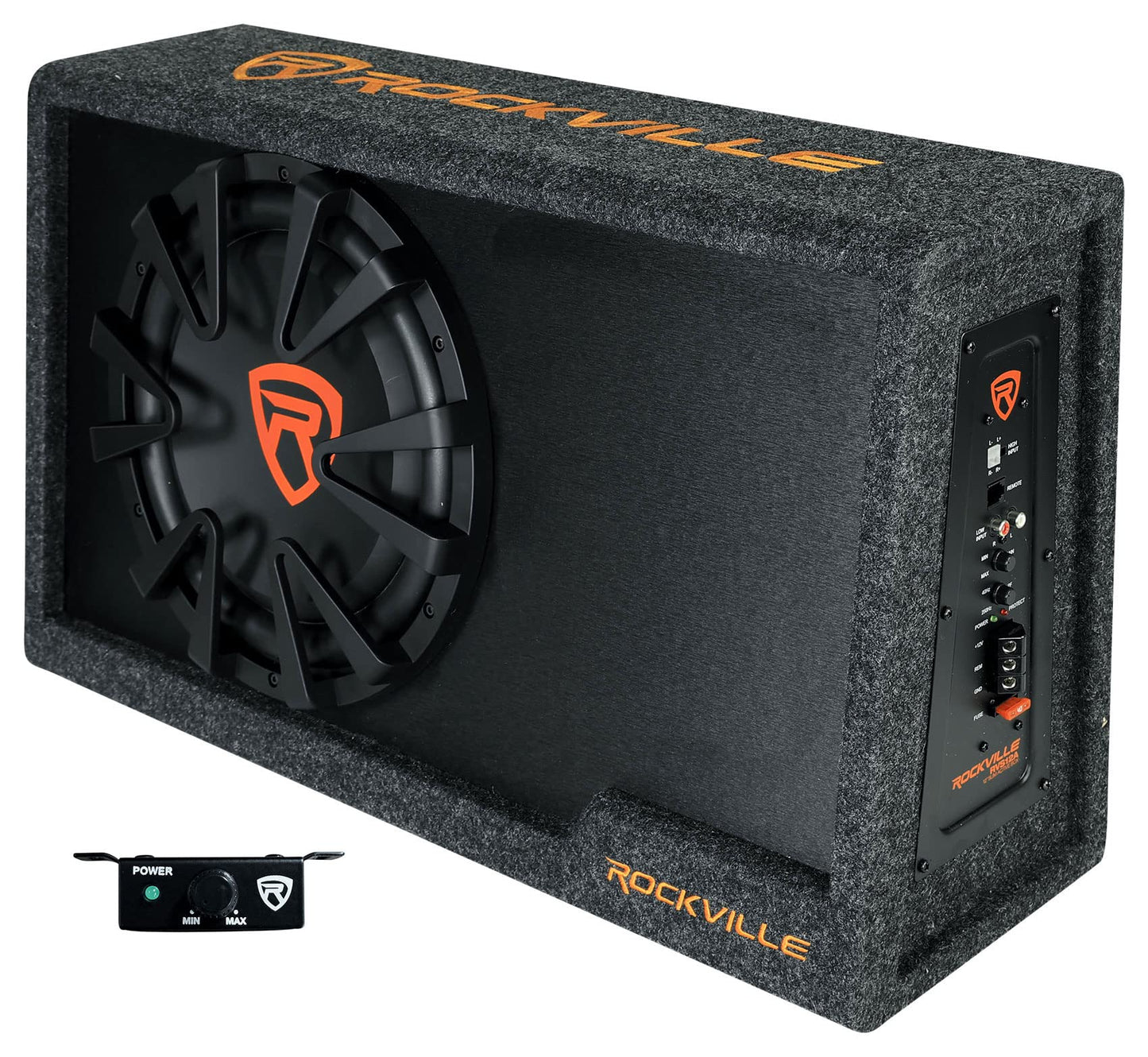 Rockville RVS12A 1400W Peak / 350W RMS 12" Slim Vented Powered Car Subwoofer Enclosure, 4-Ohm, Remote Bass Knob, Subsonic Filter, MDF Build, for Car Audio