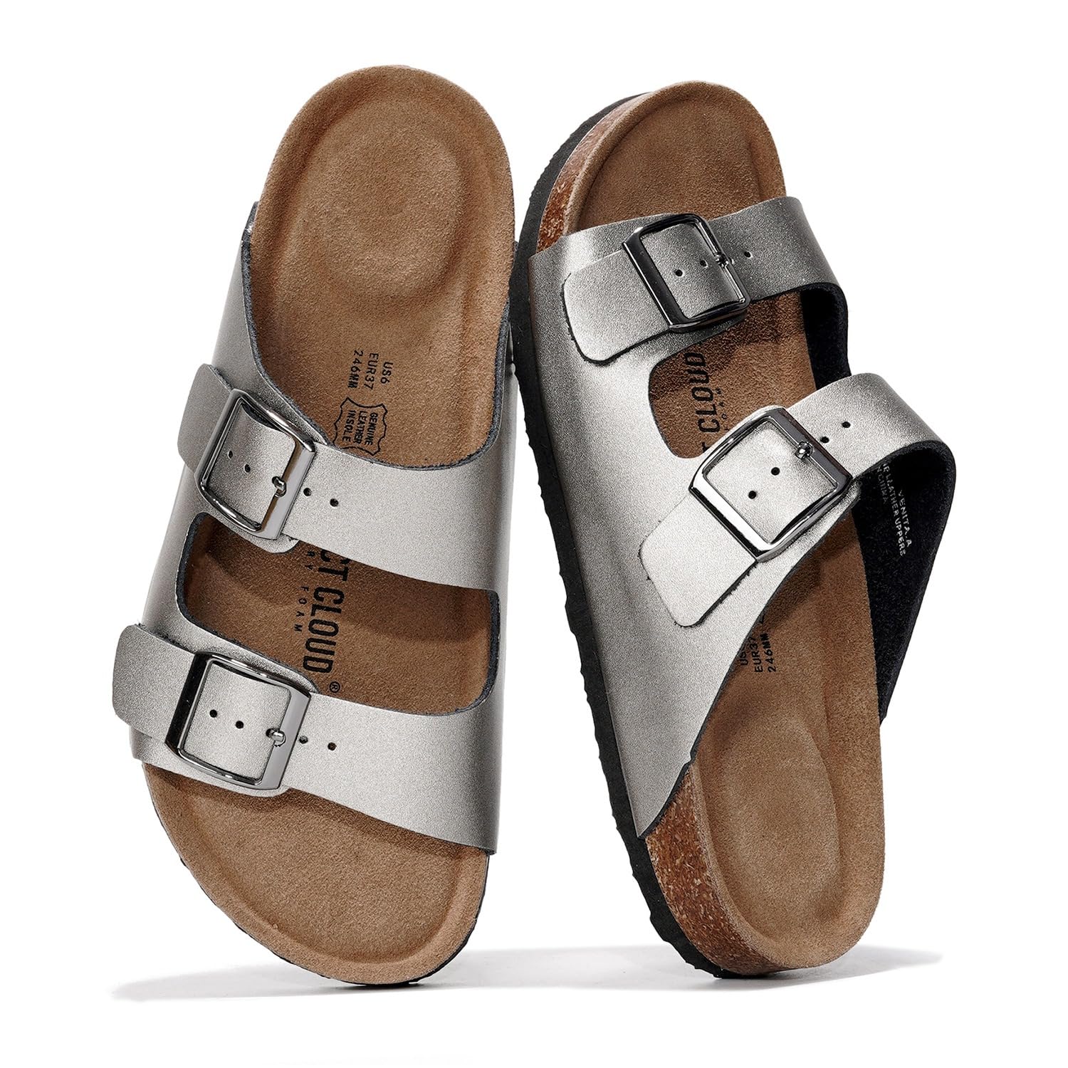 Project Cloud 100% Genuine Leather Flat Sandals For Women 2026 Cork Footbed Womens Sandals with Memory Foam and arch support Vacation Essentials Slides for Women Footwear (Venita)