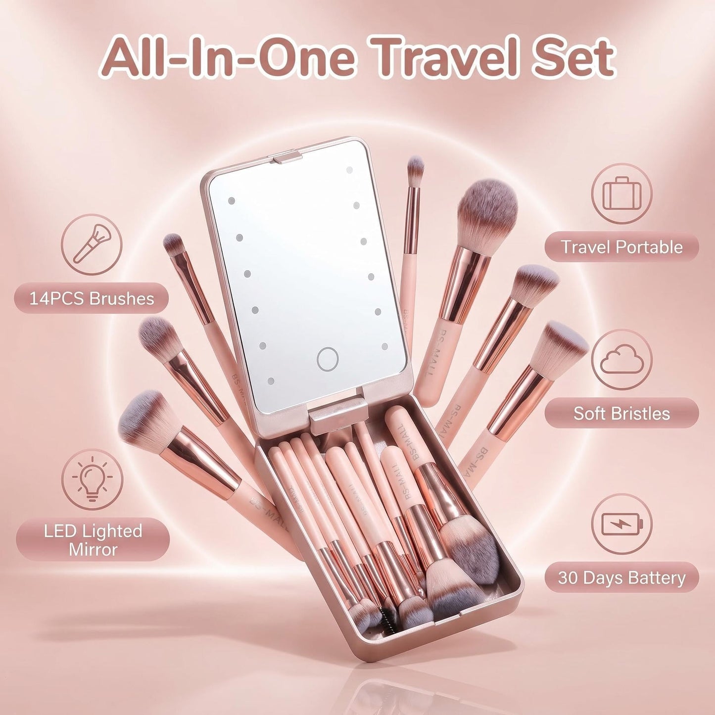 BS-MALL Travel Makeup Brush Set Foundation Powder Concealers Eye Shadows Makeup Set with LED light Mirror 14 Pcs