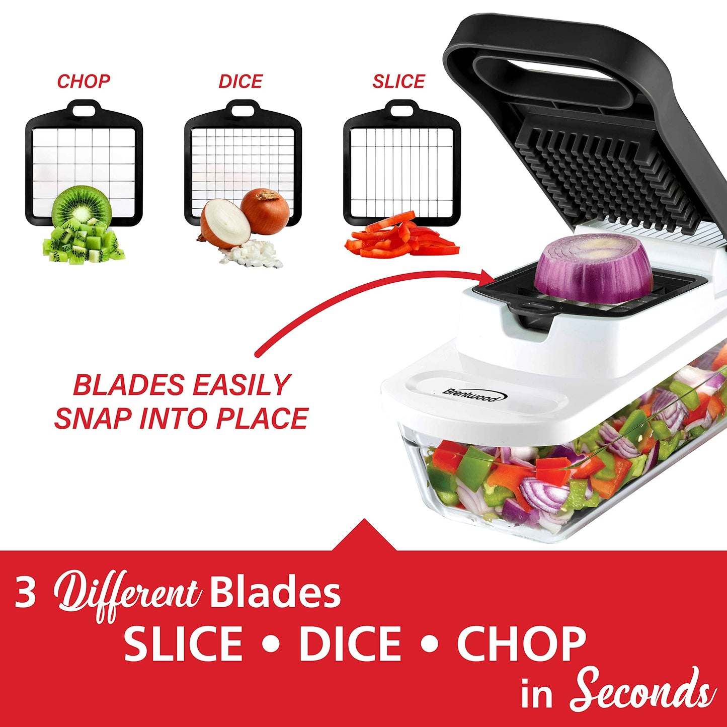Brentwood Food Chopper and Vegetable Dicer with Storage Container and Stainless Steel Blades