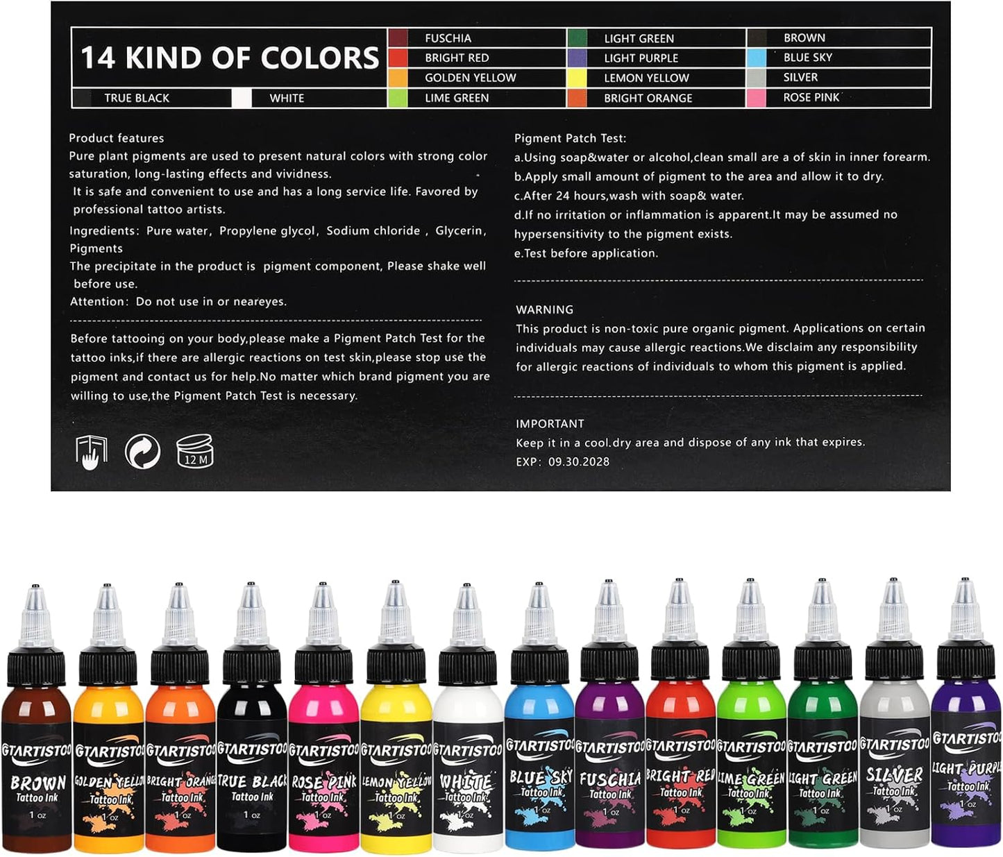 GTARTISTOO Professional Tattoo Ink Set 14 Colors 30ml Vegan Pigment
