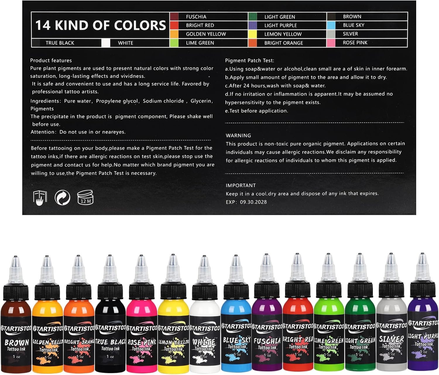 GTARTISTOO Professional Tattoo Ink Set 14 Colors 30ml Vegan Pigment