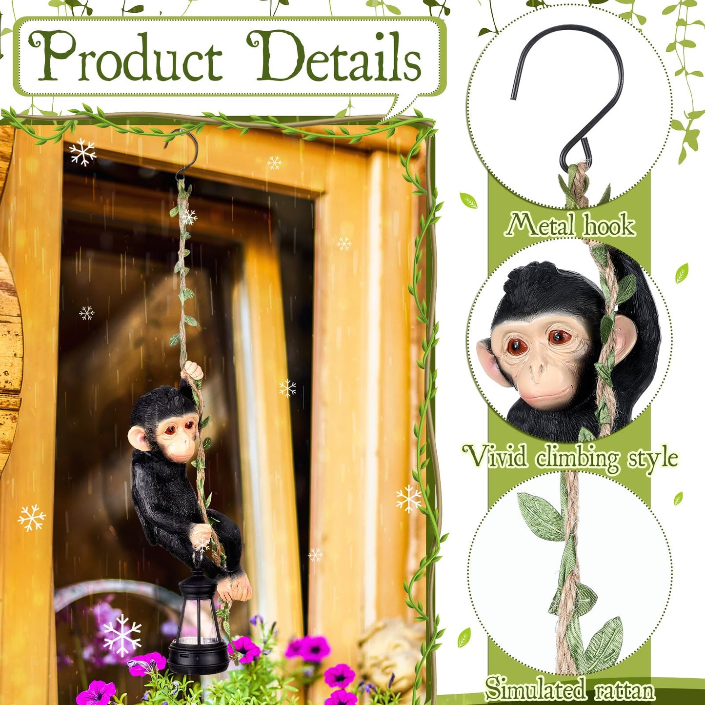 Rossesay Solar Light Outdoor Statues 7.48'' H Resin Chimpanzee Baby Monkey Climbing On A 19.68" L Vine with LED Lantern Waterproof Hanging Monkey Figurine with Hook for Yard Garden Wall