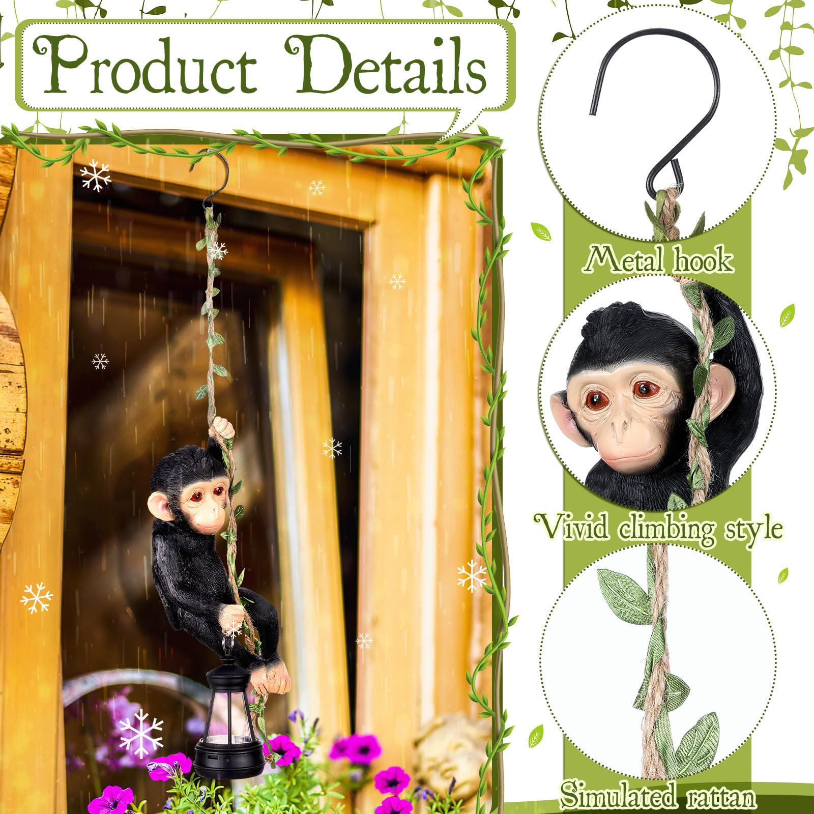 Rossesay Solar Light Outdoor Statues 7.48'' H Resin Chimpanzee Baby Monkey Climbing On A 19.68" L Vine with LED Lantern Waterproof Hanging Monkey Figurine with Hook for Yard Garden Wall
