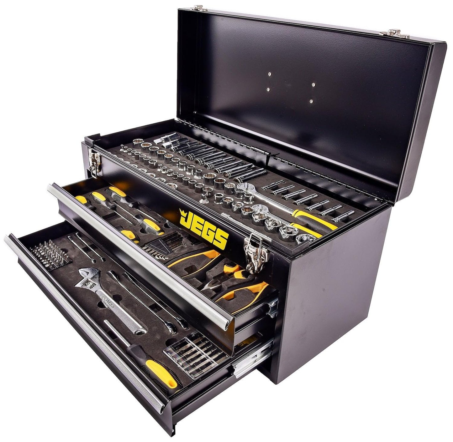 JEGS 170-Piece Mechanic's Tool Set - Includes Black Powder Coated Steel Toolbox, Sockets, Extenders, Ratchets, Wrenches, Screwdrivers, Pliers & Bits
