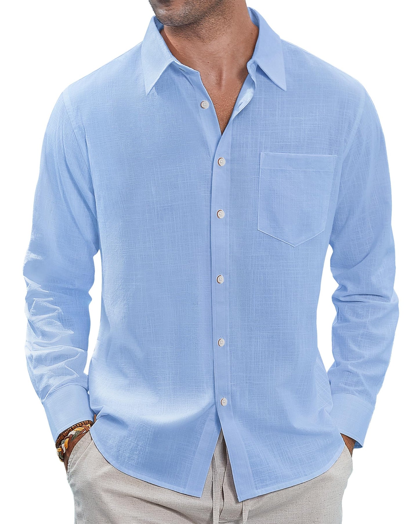 J.VER Men's Linen Shirts Casual Button Down Long Sleeve Shirt Solid Spread Collar Summer Beach Shirts with Pocket