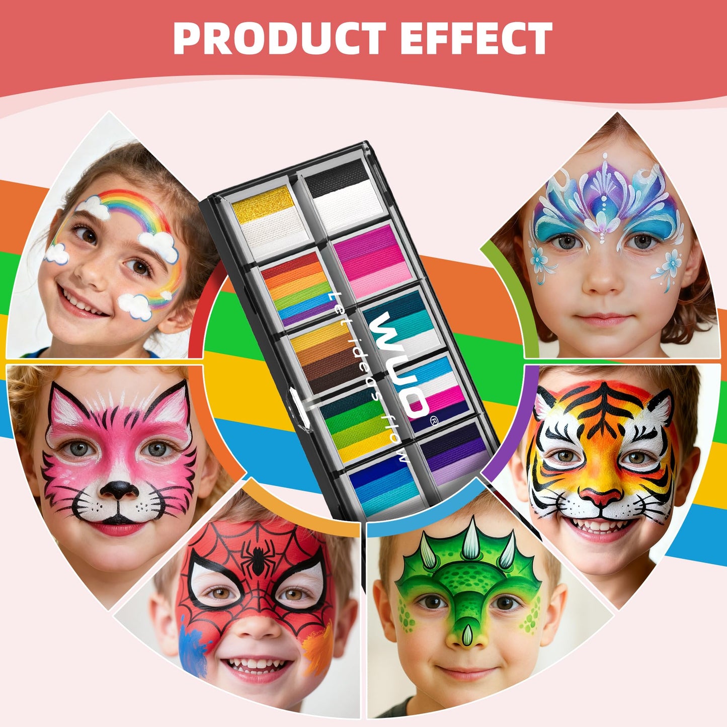 WUO Professional Face Painting Kit for Kids Adults, 12x10g Split Cake Face Paint Palette with Brushes Stencil Sponge One Stroke Non Toxic Rainbow Body Paint Set for Halloween Christmas Makeup