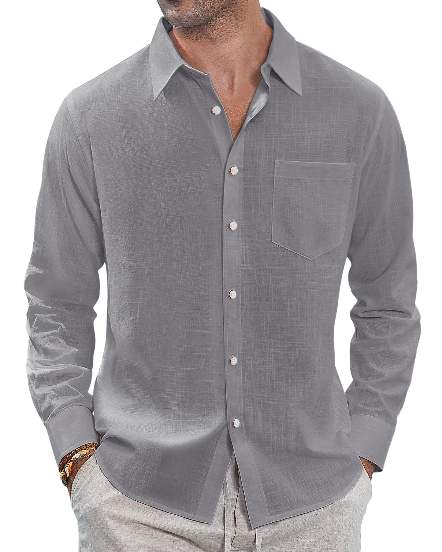J.VER Men's Linen Shirts Casual Button Down Long Sleeve Shirt Solid Spread Collar Summer Beach Shirts with Pocket