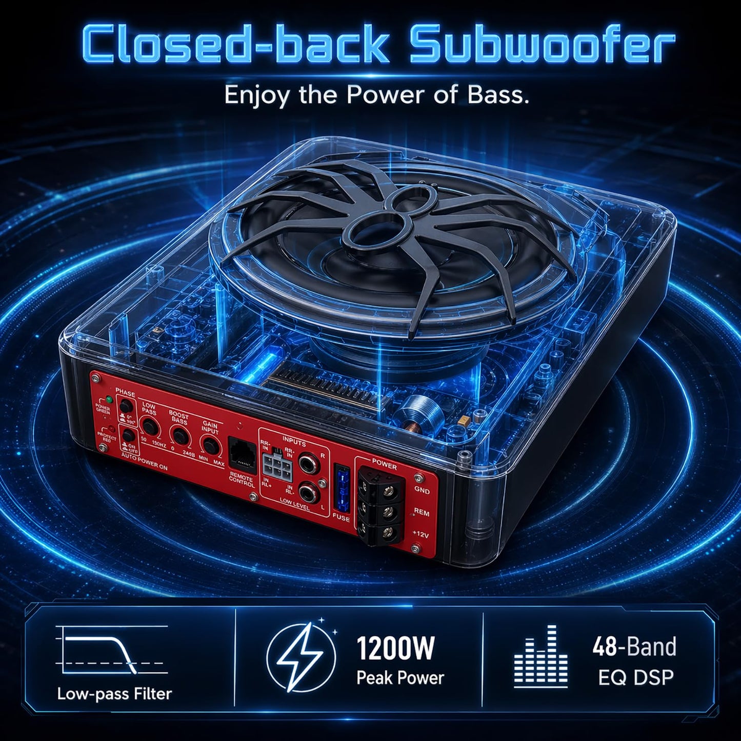 10" 1200W Slim Under-Seat Powered Car Subwoofer with Built-in Amplifier, High/Low Level Inputs, Blue LED Ambient Light, Remote Control for Gain, Bass Boost & LPF, Deep Bass for Truck/SUV/Jeep/MPV