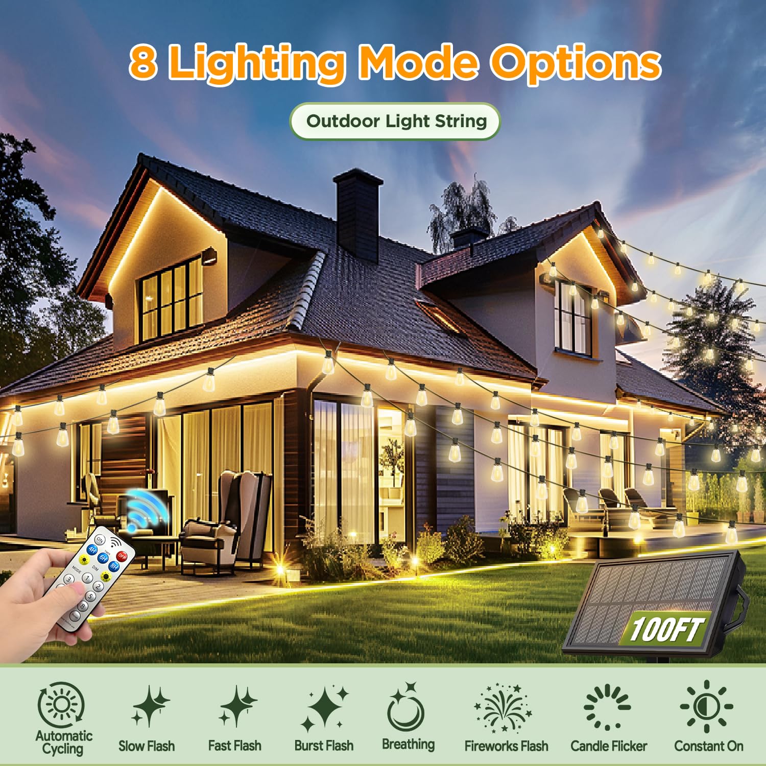 Skoiuc Solar String Lights Outdoor Waterproof with Remote & Timer, LED Shatterproof ST38 Bulbs, USB & Solar Powered Patio Lights for Backyard, Porch, Garden, Wedding, Christmas Decor