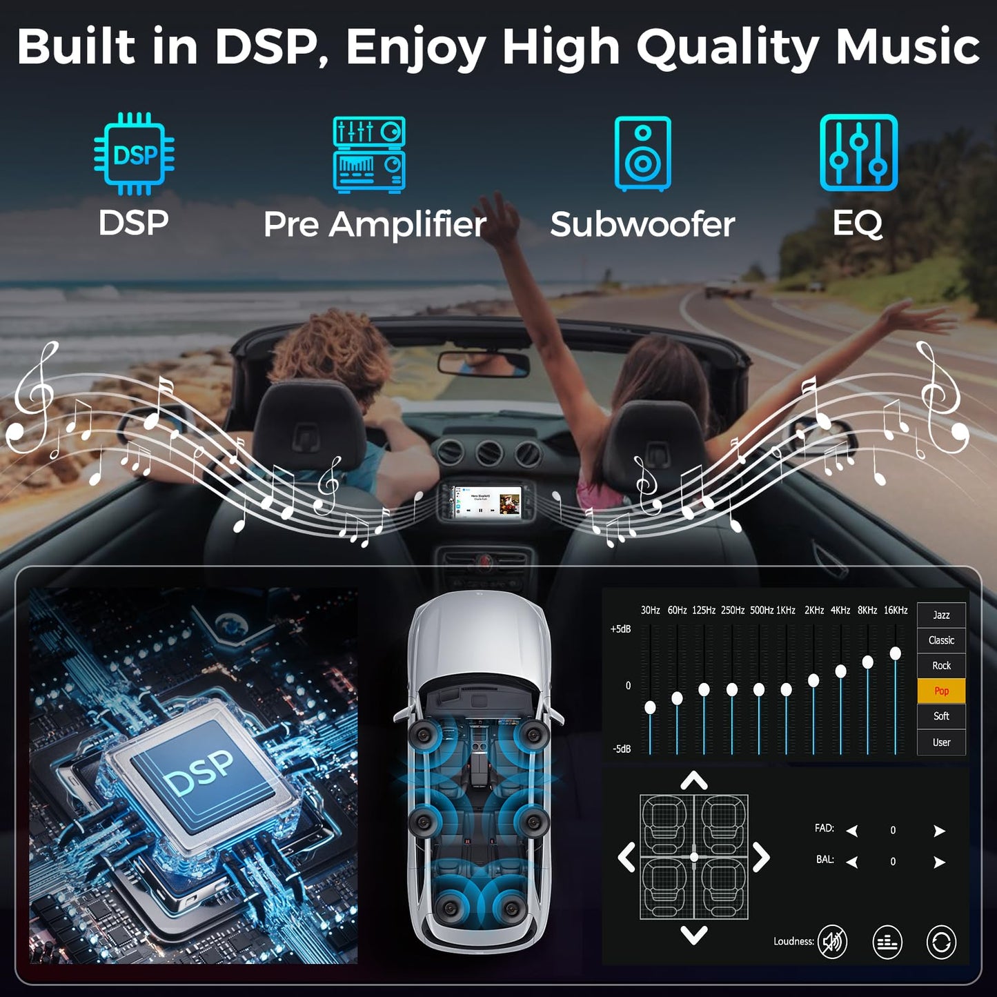 Kissound 7" Double Din Car Stereo with Wireless Apple Carplay & Android Auto, 240W, SWC, Subwoofer Out, Bluetooth, Mirror Link, USB-C/AUX/TF,FM/AM，Car Radio Receiver