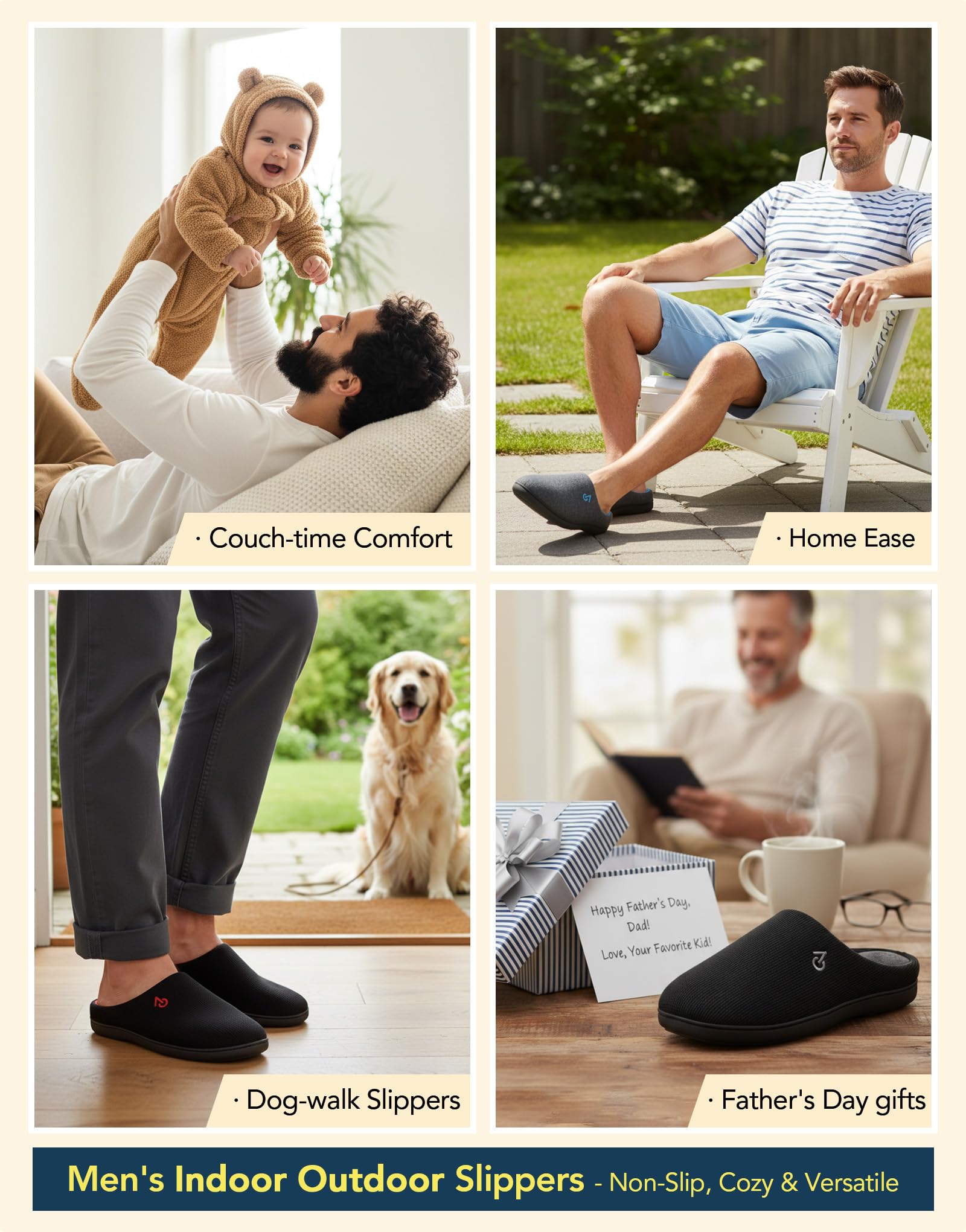VeraCosy Men's Two-Tone Memory Foam House Slippers Indoor Outdoor Durable Rubber Sole