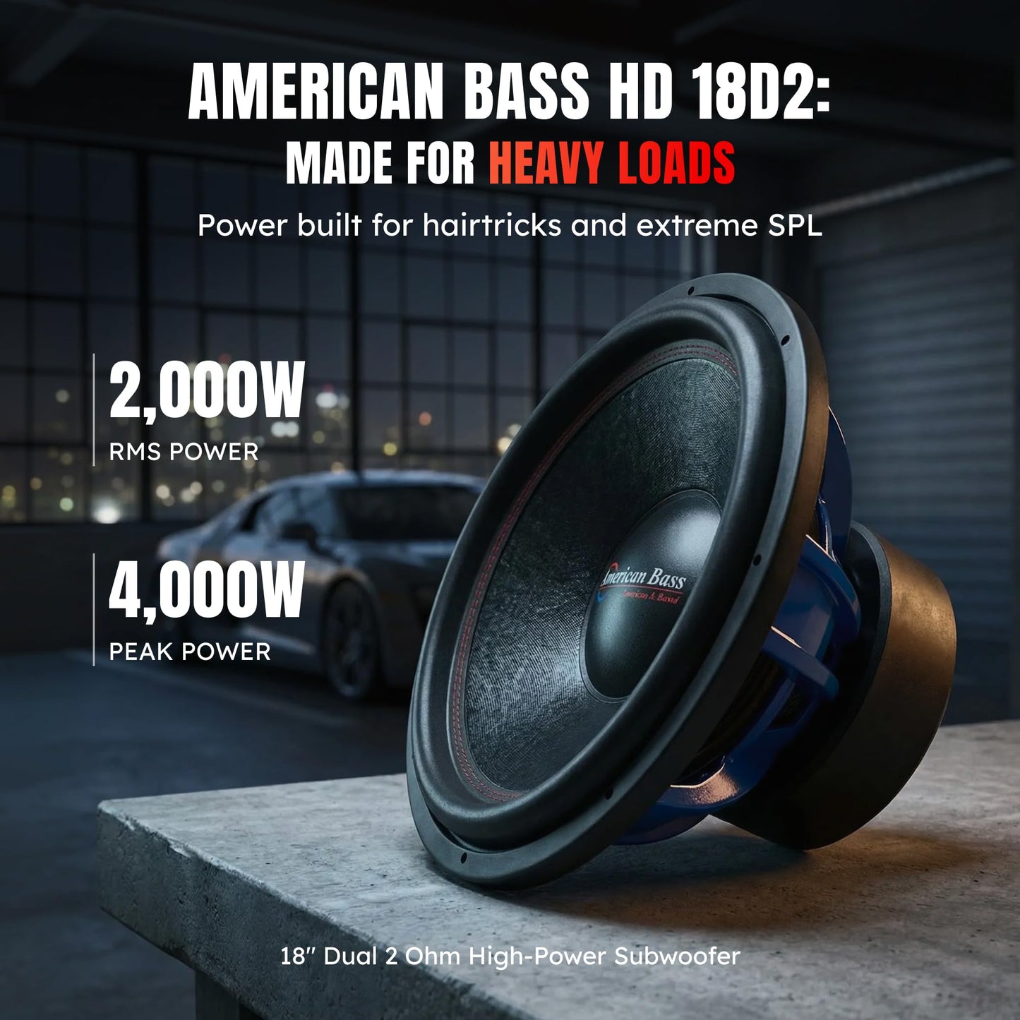 American Bass HD 18 Inch Car Subwoofer – 2 Ohm 4000 Max Watts - High Power Subwoofer Speaker with Deep Bass Performance, Premium Audio Upgrade for Cars, Trucks, and SUVs, Durable 18" Subwoofers