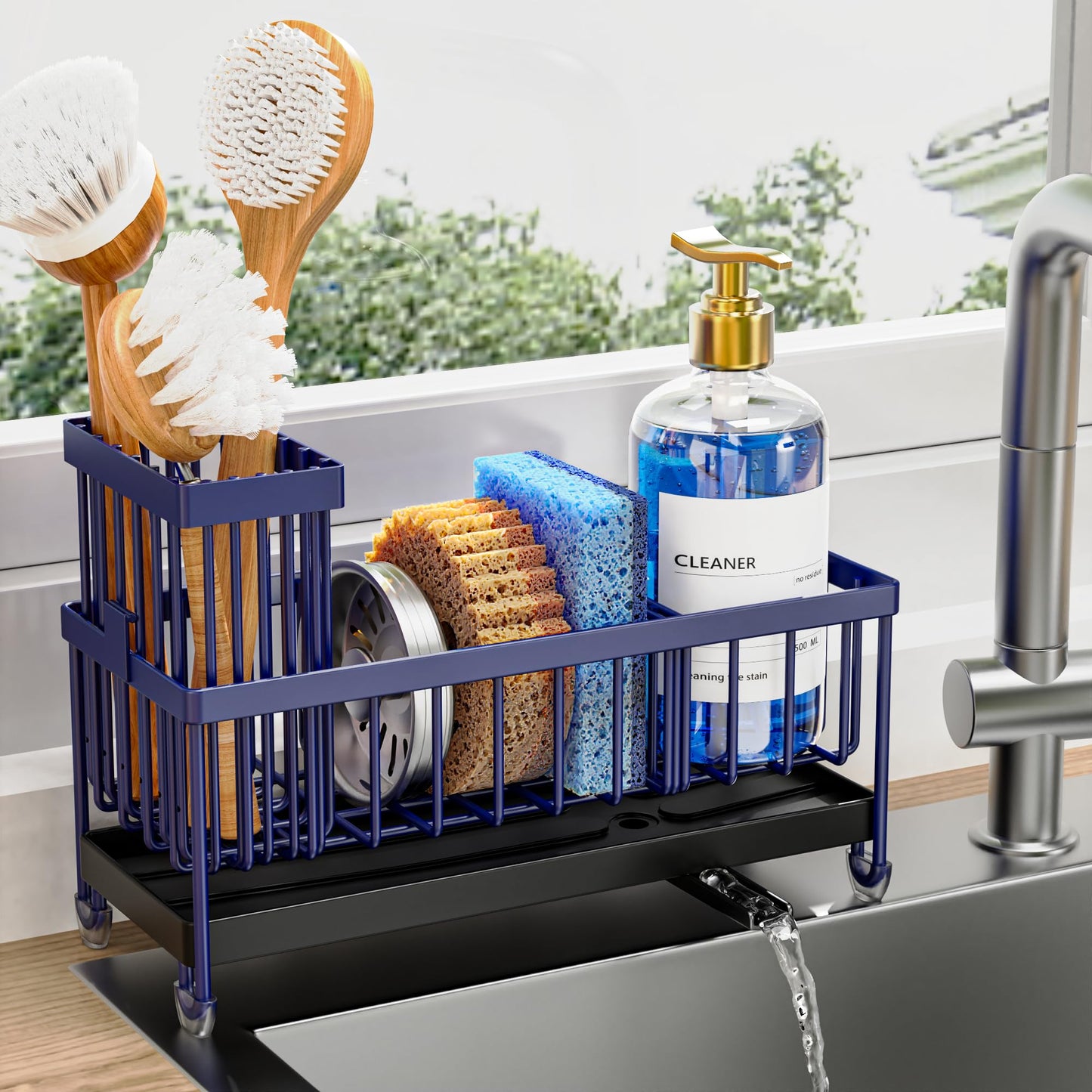 Cisily Sponge Holder for Kitchen Sink, Sink Caddy Organizer with High Brush Holder, Kitchen Countertop Organizers and Storage Essentials, Rustproof 304 Stainless Steel