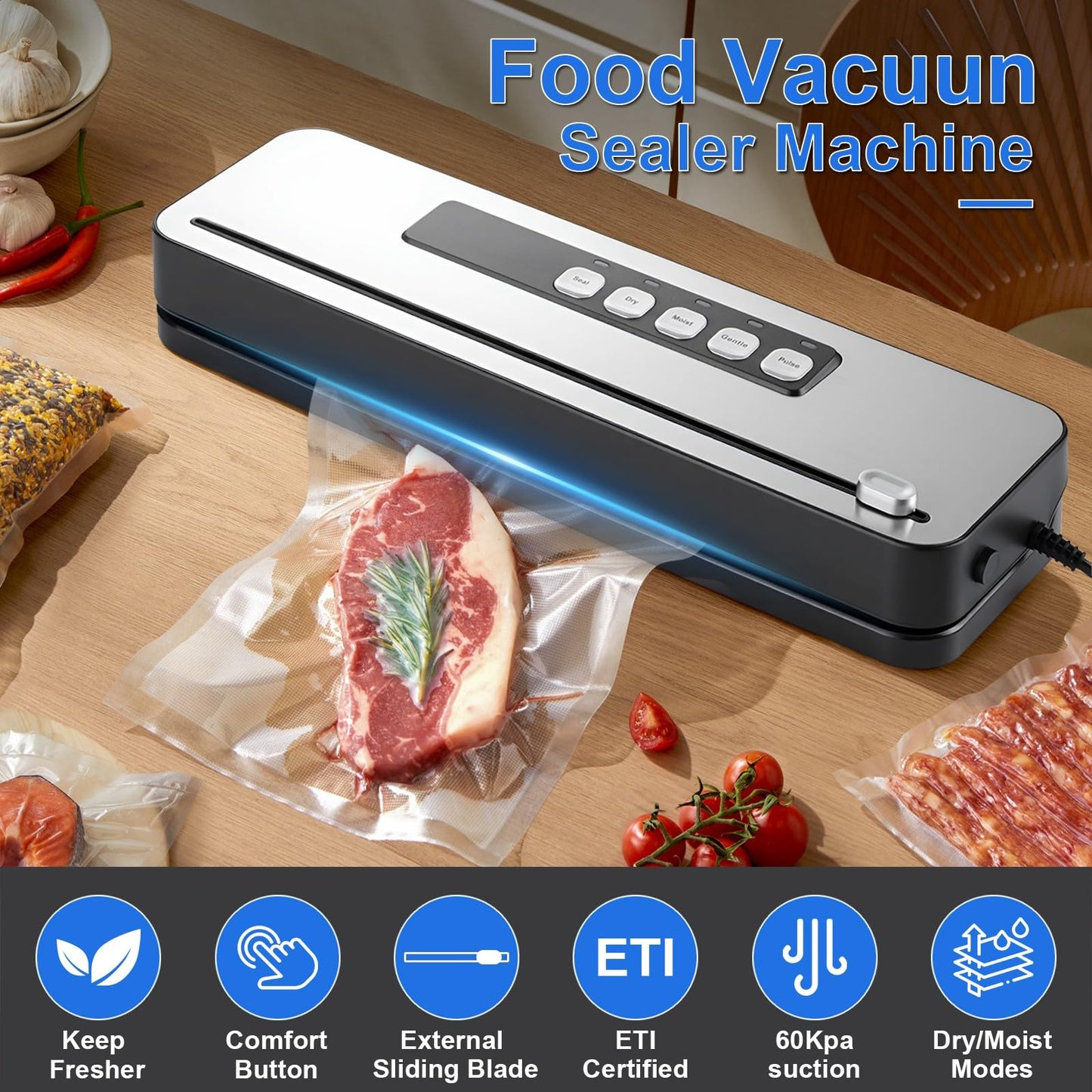 High-power Automatic Food Vacuum Sealer,household vacuum sealer,food sealer,Digital Timer, Compact Design,with 10 Bags
