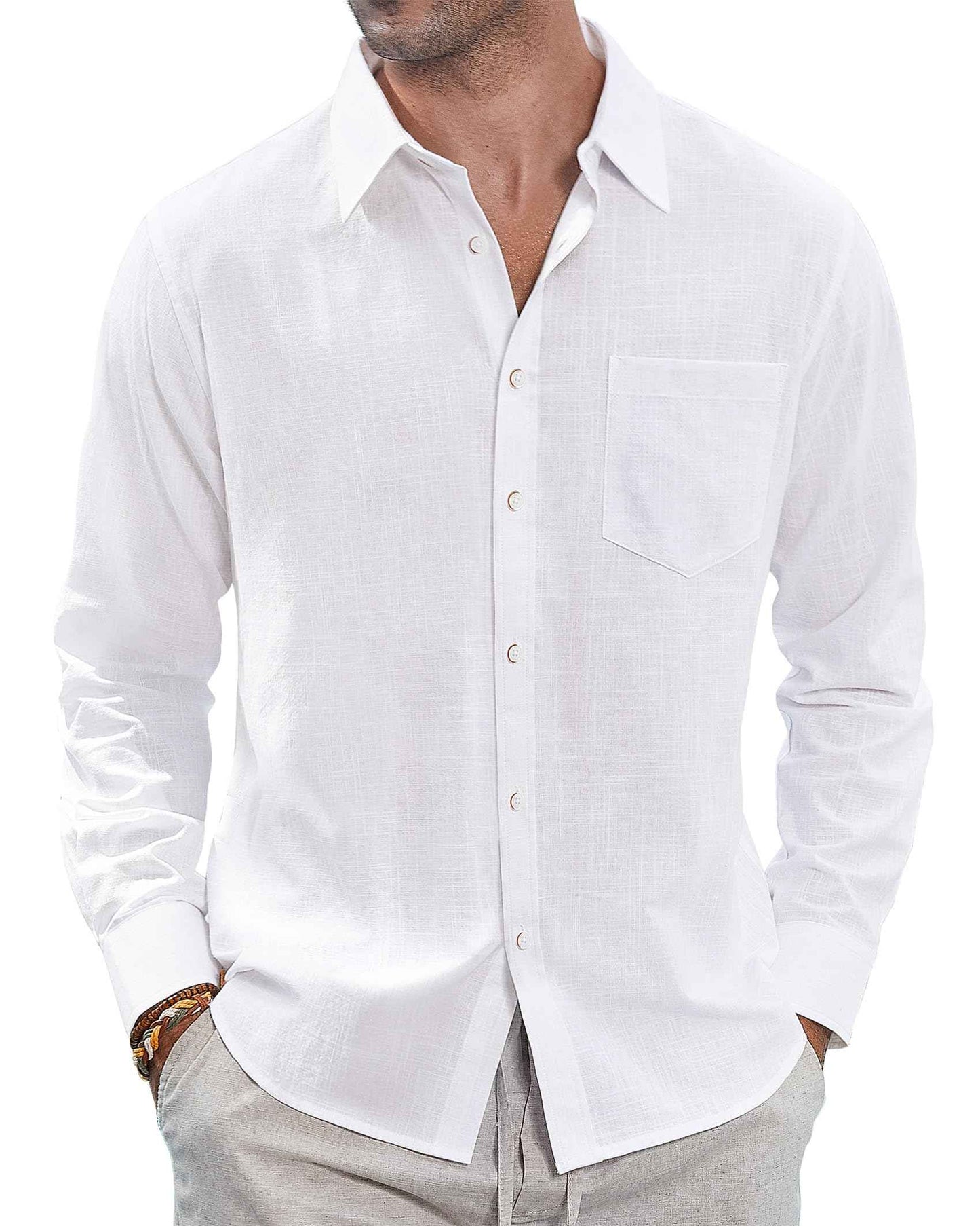 J.VER Men's Linen Shirts Casual Button Down Long Sleeve Shirt Solid Spread Collar Summer Beach Shirts with Pocket