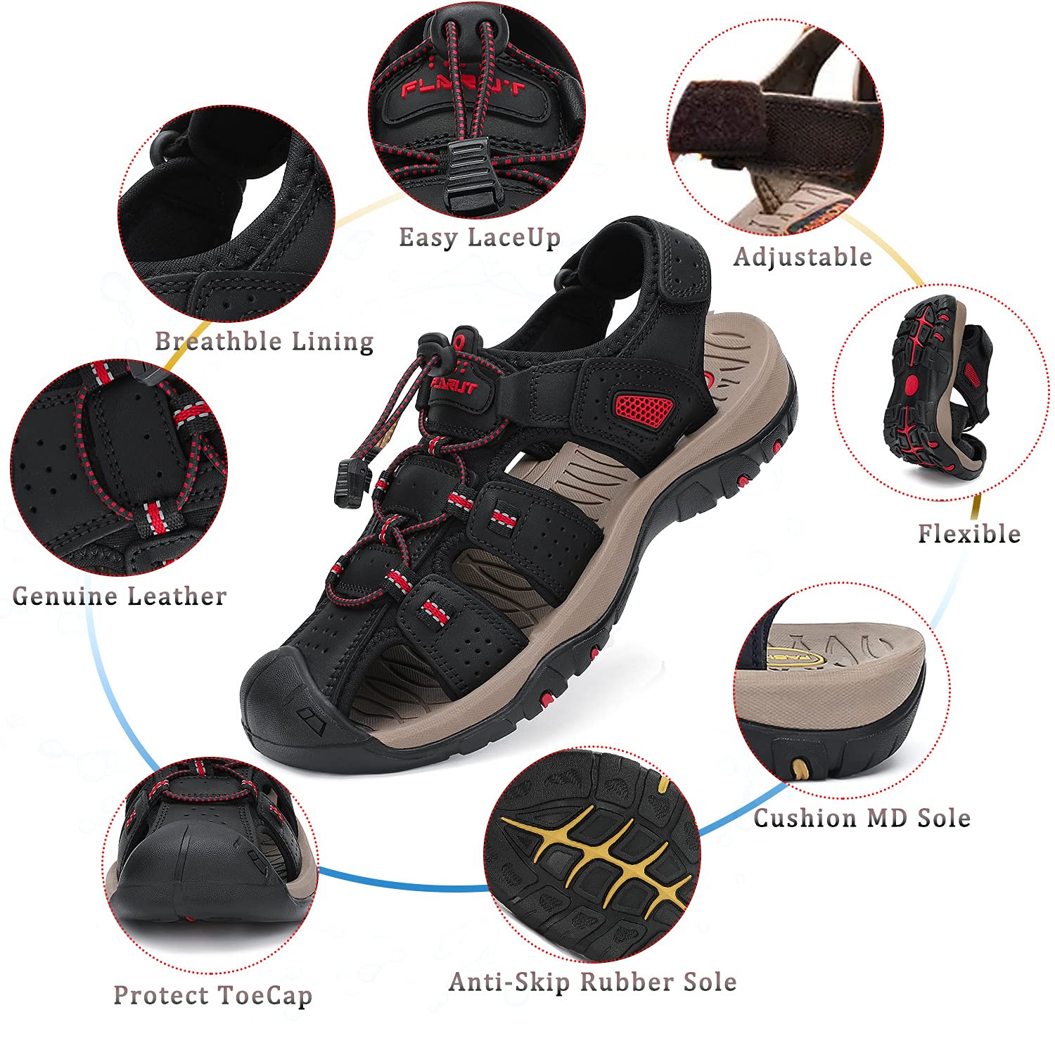 FLARUT Men's Sport Sandals Outdoor Hiking Sandals Closed Toe Leather Athletic Lightweight Trail Walking Casual Sandals Water Shoes