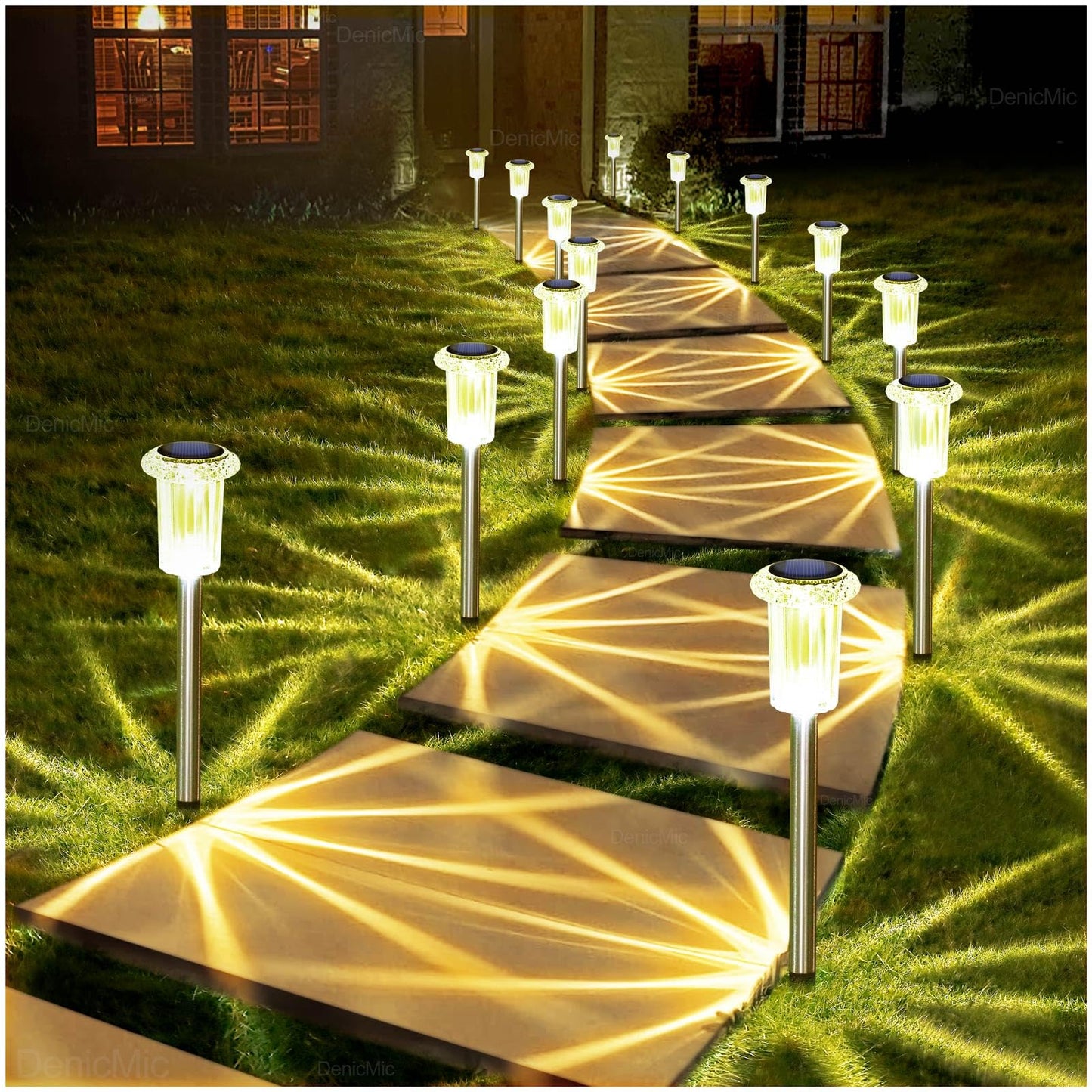 DenicMic Solar Lights Outdoor Pathway Lights LED Waterproof Acrylic Lamp Head Stainless Steel Stake for Yard Garden Landscape Path Walkway Driveway Patio Lawn