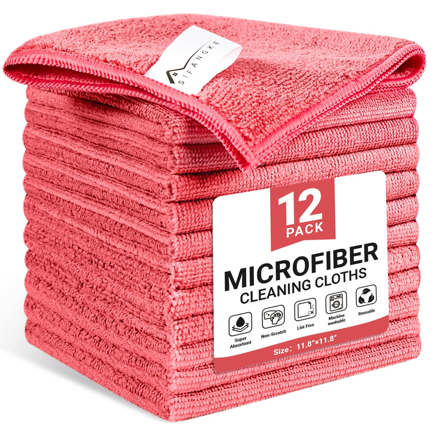 SIFANGKE Microfiber Cleaning Cloth, Lint-Free and Highly Absorbent Rags, Reusable Microfiber Towels for Car, Kitchen, Bathroom and Household Cleaning Supplies, 11.8"X11.8"