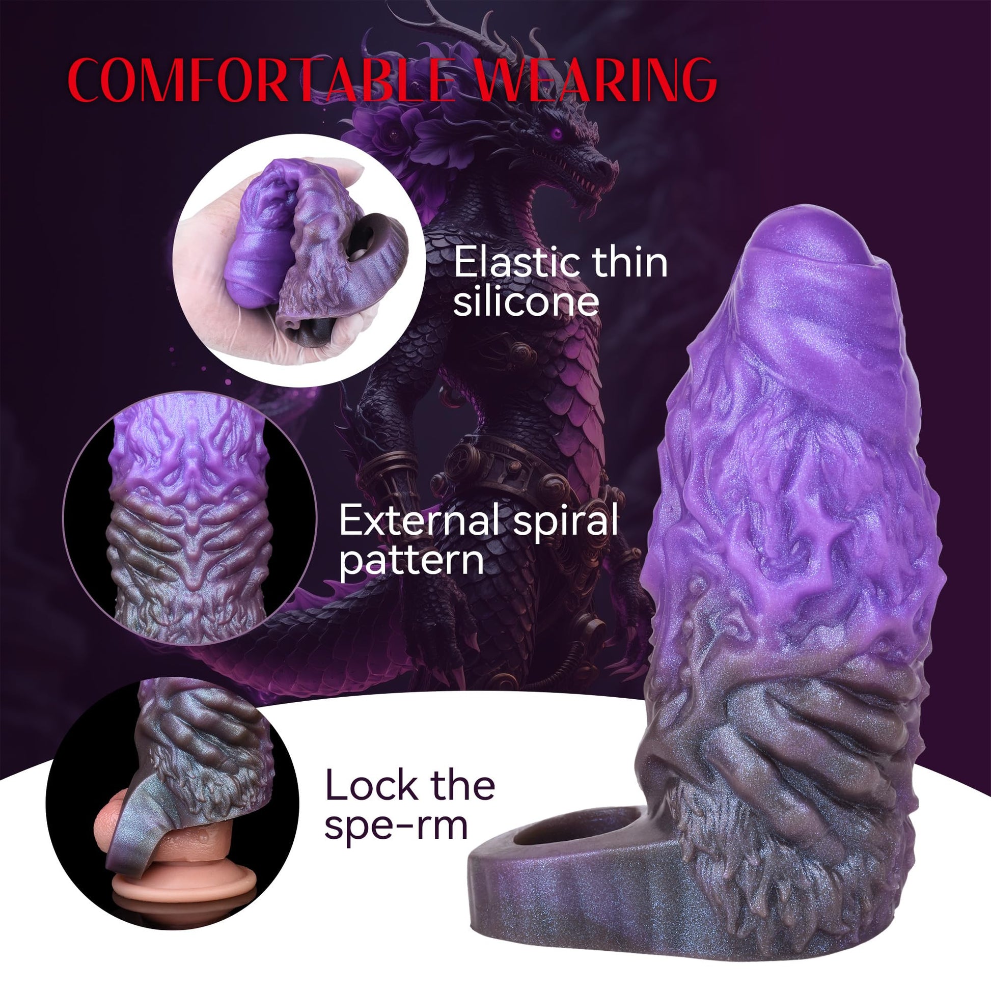 Girth Enhancer Sleeve, Monster Penis Sleeve with Cock Ring & 3 Built-in Resin Rod, Purple Silicone Pennis Extender Enlarger, Impotence Delay Ejaculation Dick Extension Sex Toys for Men Couples