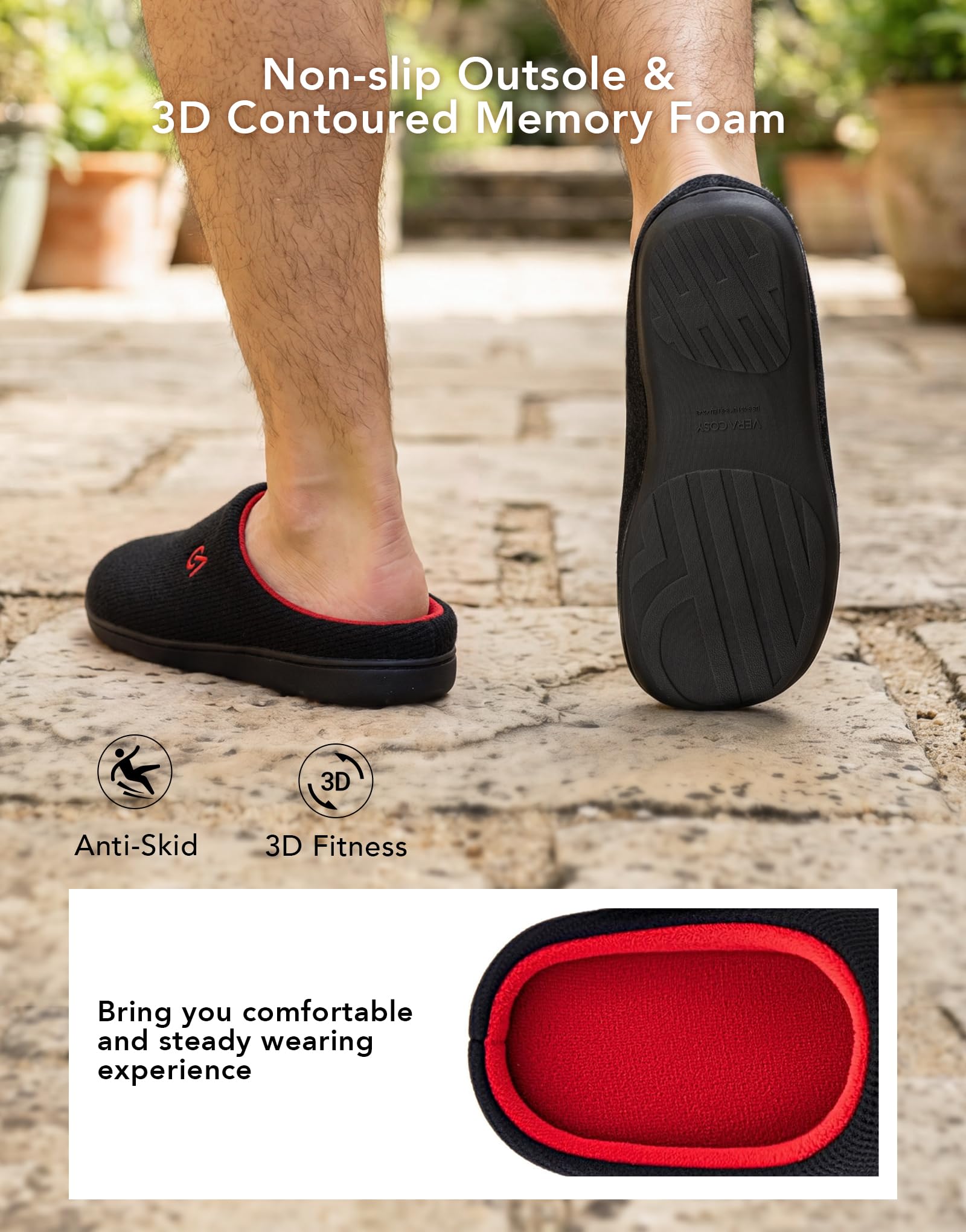 VeraCosy Men's Two-Tone Memory Foam House Slippers Indoor Outdoor Durable Rubber Sole